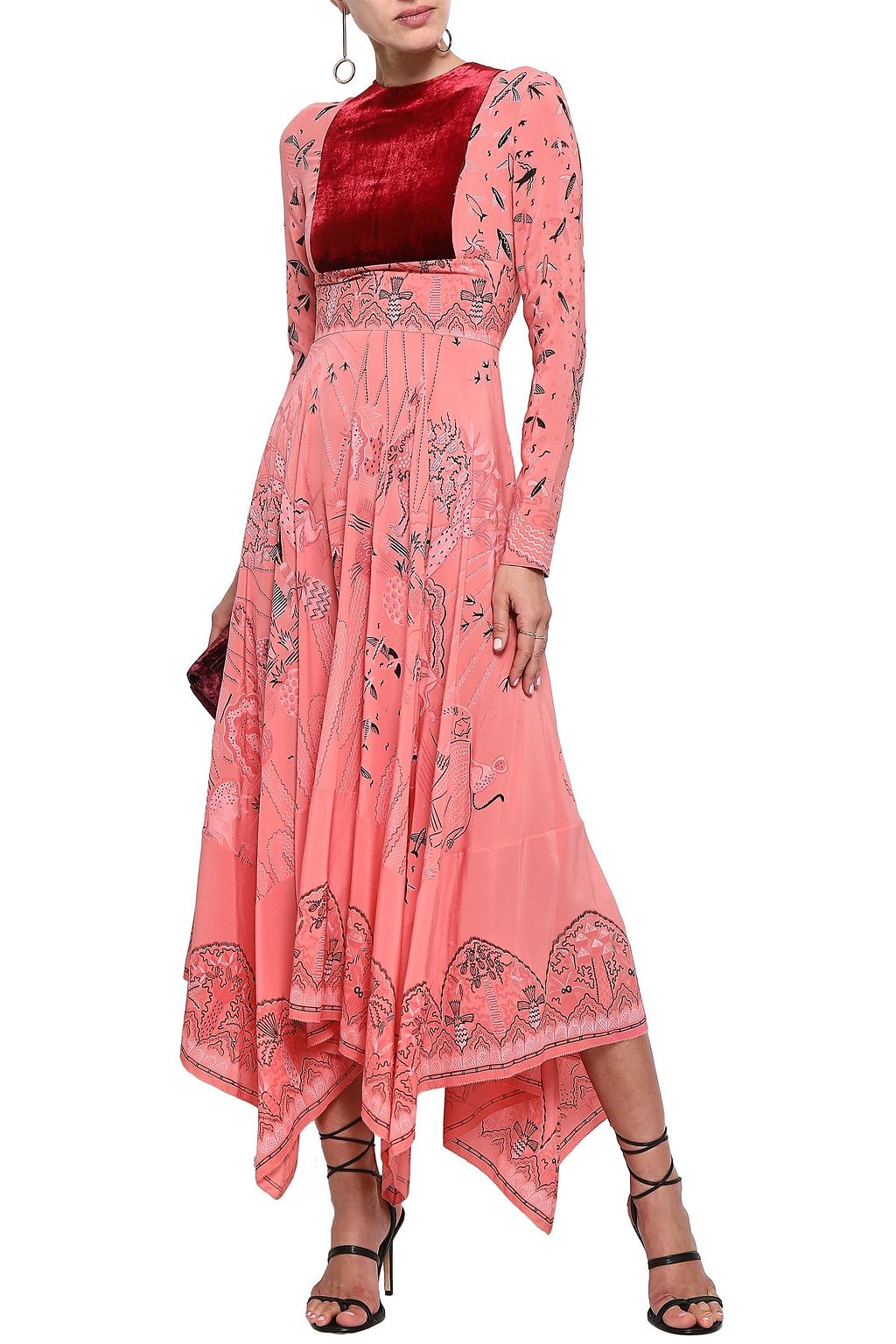 VALENTINO GARAVANI Velvet-paneled printed silk crepe de chine midi dress