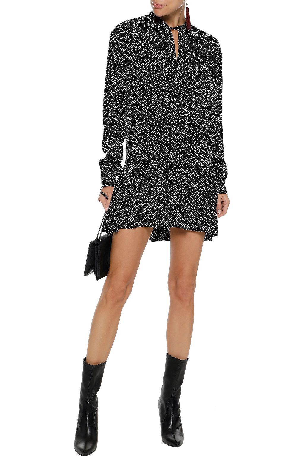 SAINT LAURENT Pussy-bow polka-dot silk crepe de chine mini dress