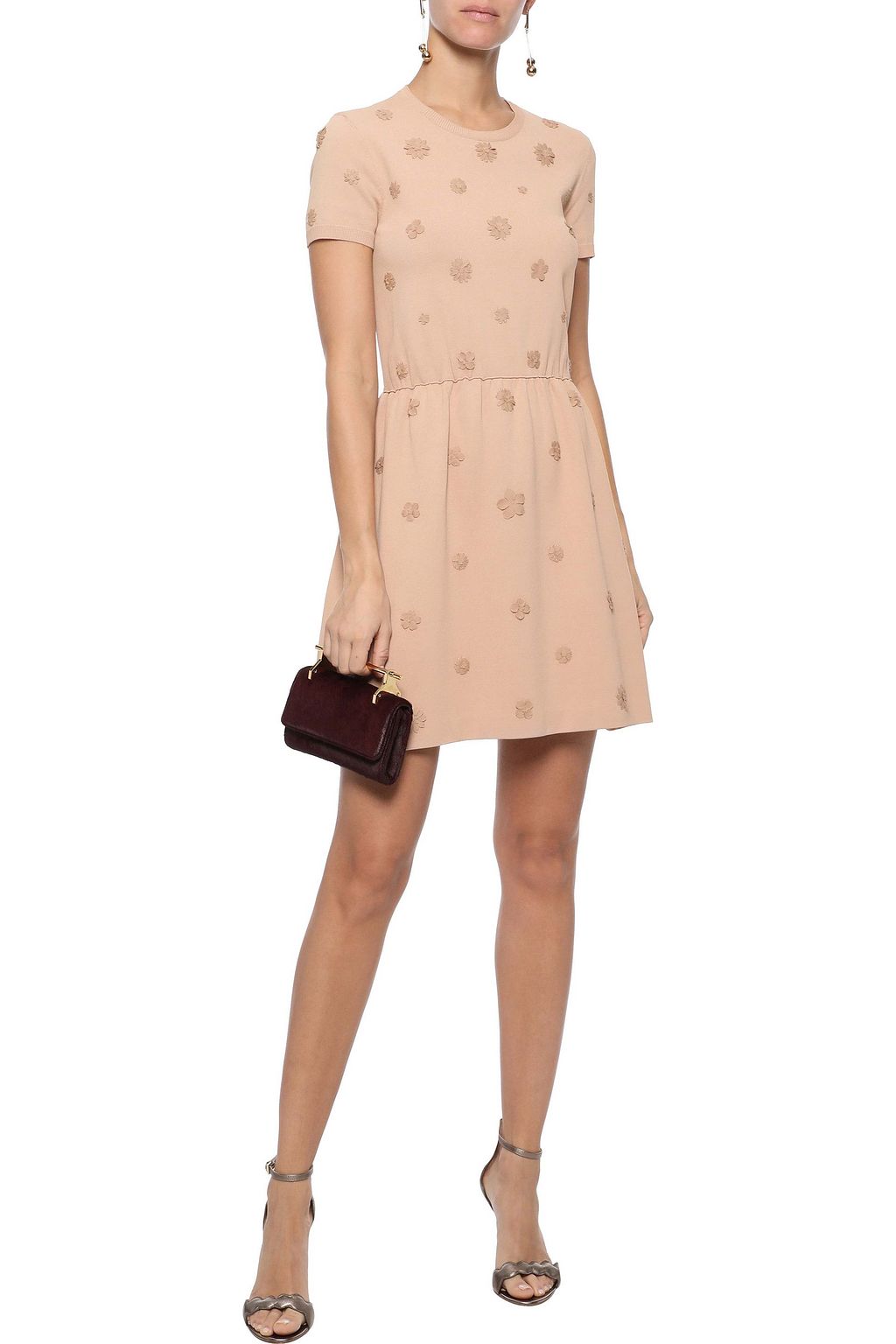 VALENTINO GARAVANI Flared floral-appliquéd ponte mini dress