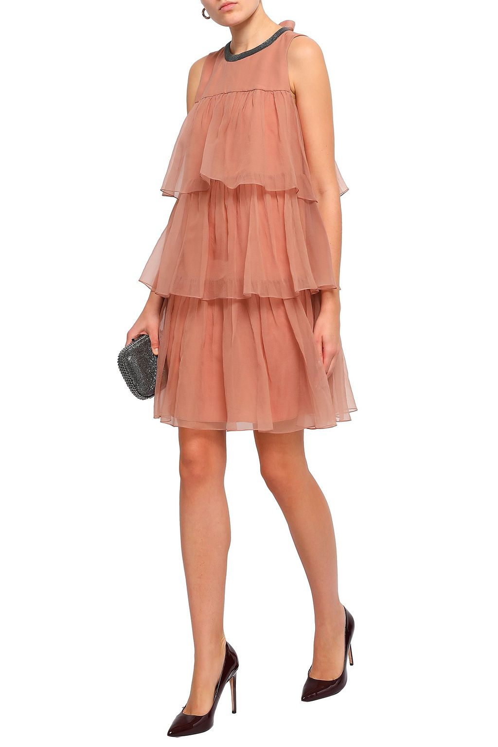 BRUNELLO CUCINELLI Bead-embellished tiered silk-organza mini dress