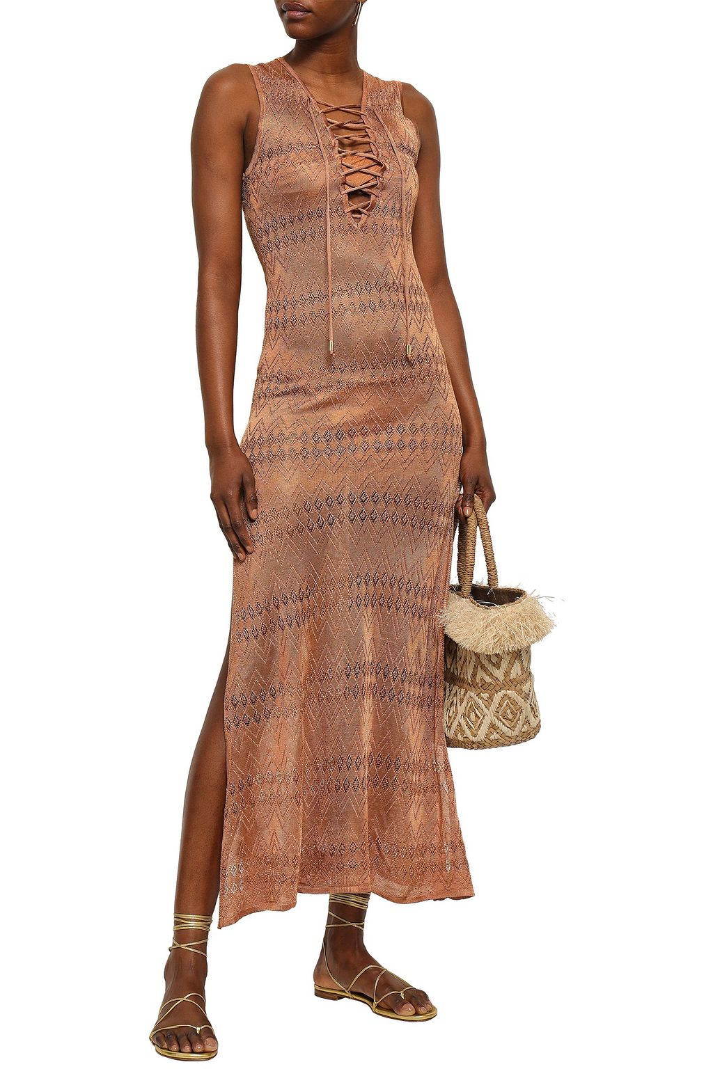 MELISSA ODABASH Lace-up pointelle-knit maxi dress