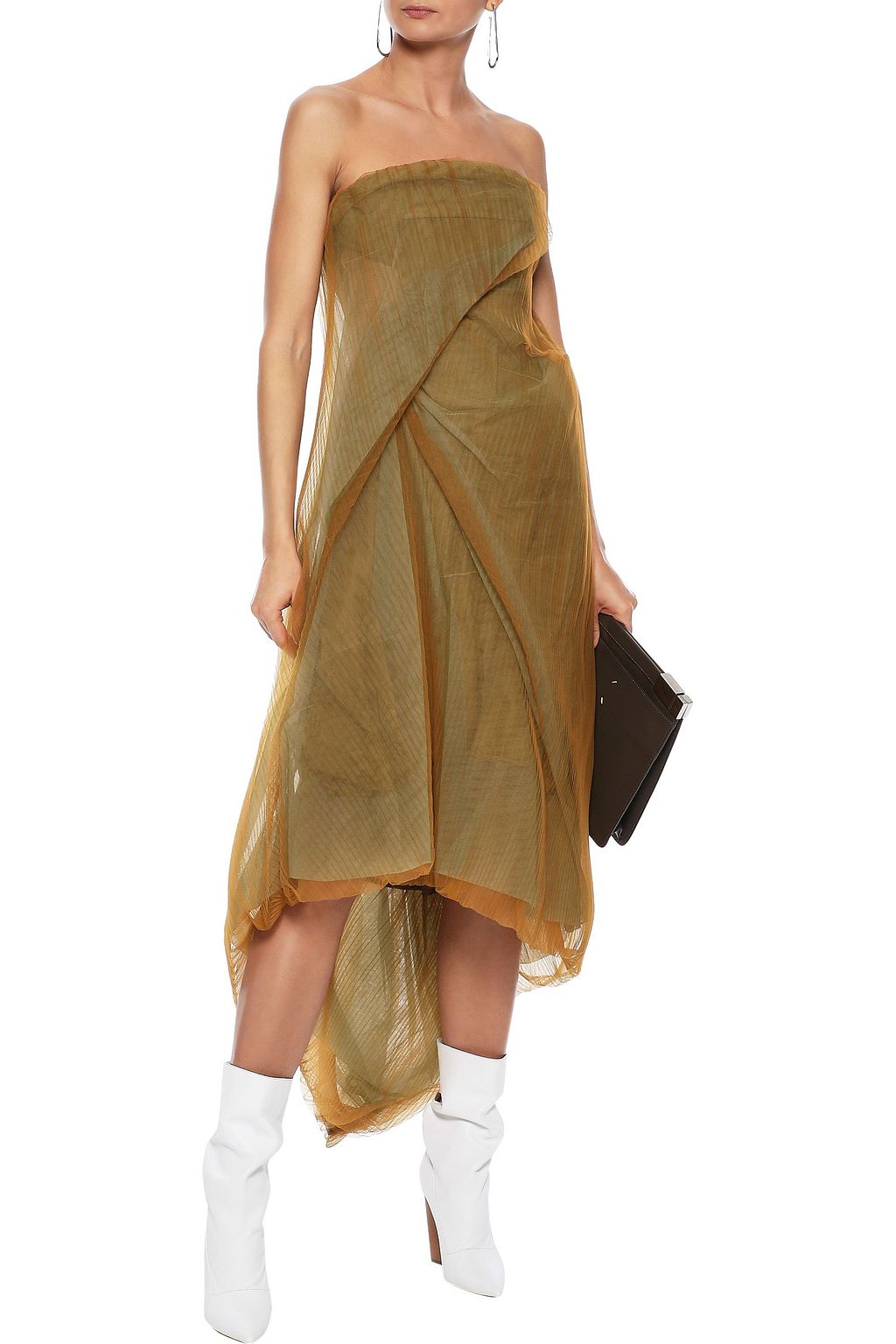 RICK OWENS Strapless gathered plissé-tulle midi dress