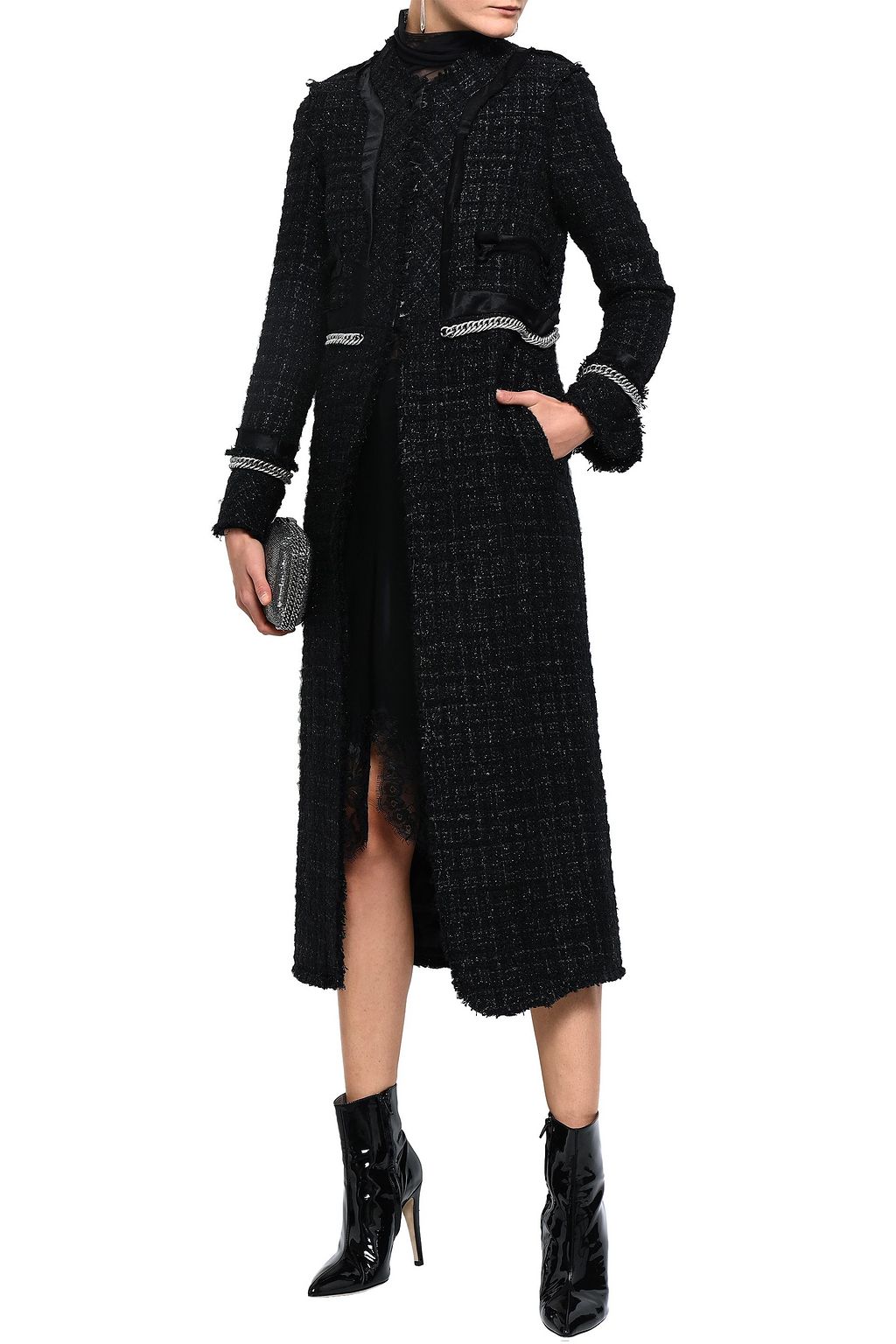 ALEXANDER WANG Chain-embellished frayed tweed coat