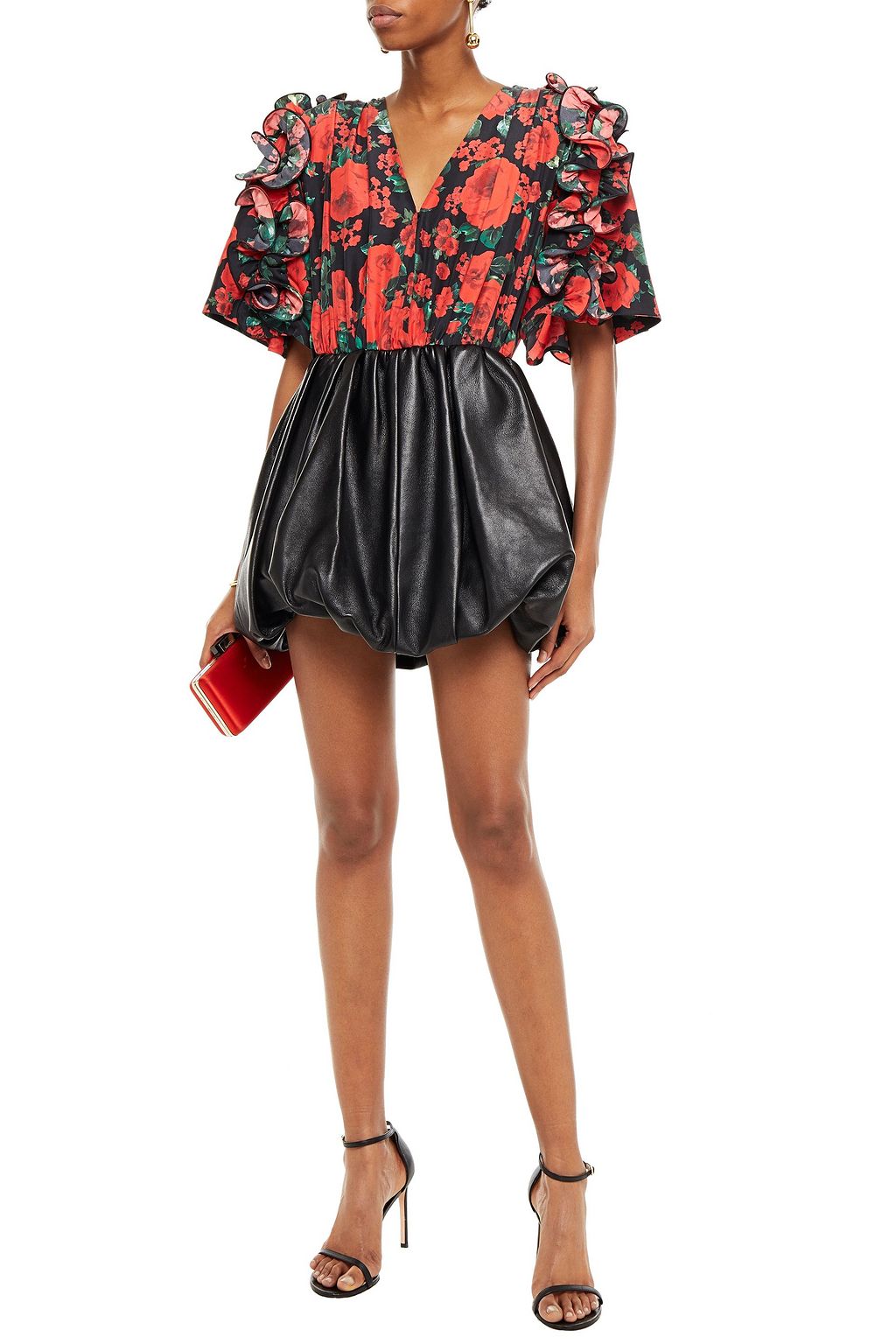 MAGDA BUTRYM Lleida leather-paneled ruffled floral-print washed-silk mini dress