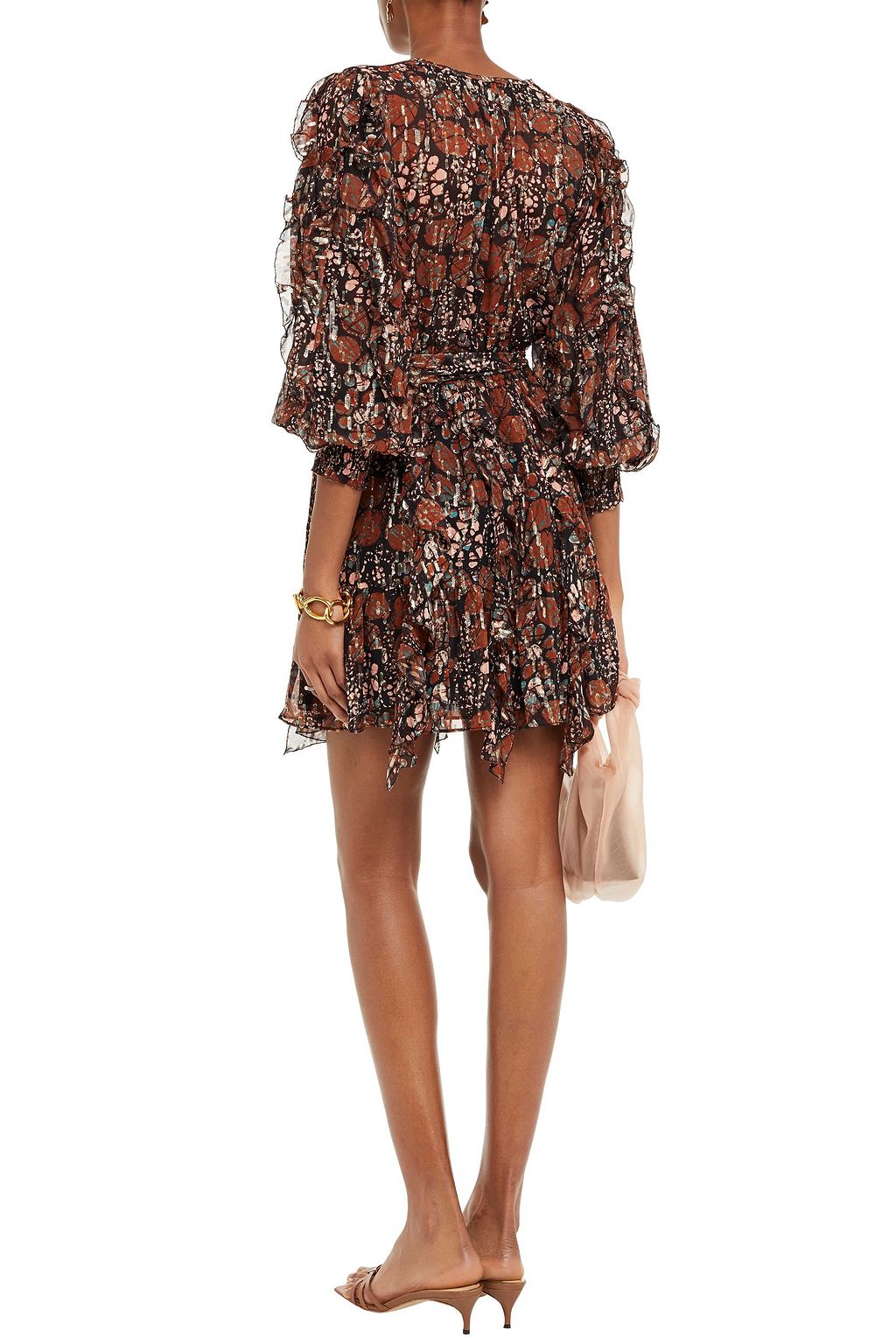 ULLA JOHNSON Minikleid aus einer Seiden-Lurex®-Mischung mit Metallic-Fil-Coupé, Print und Rüschen