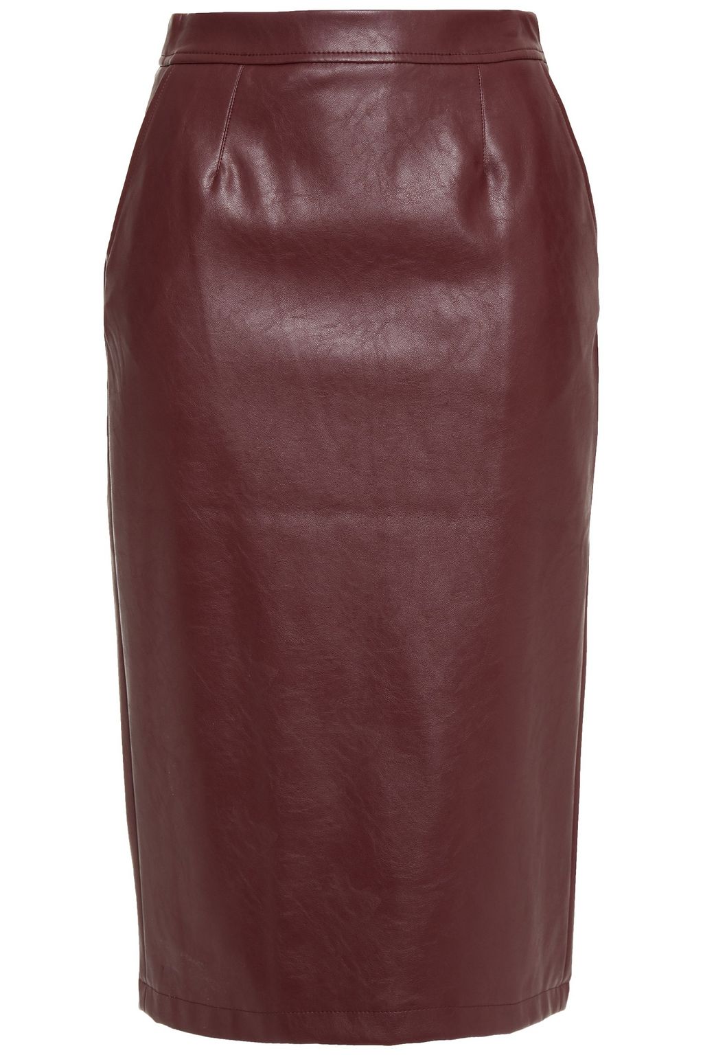 burgundy knee length leather skirt