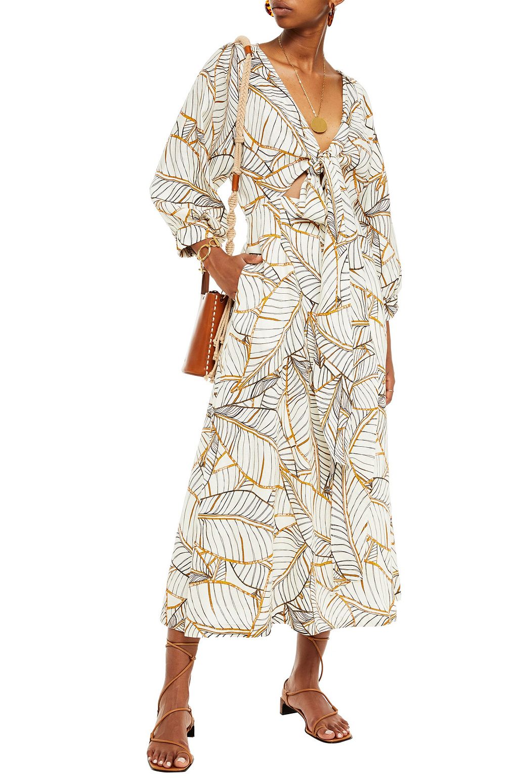NICHOLAS Knotted printed linen midi dress