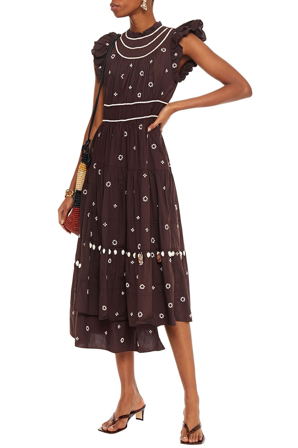 ULLA JOHNSON Zemora asymmetric tiered embellished cotton-voile midi dress
