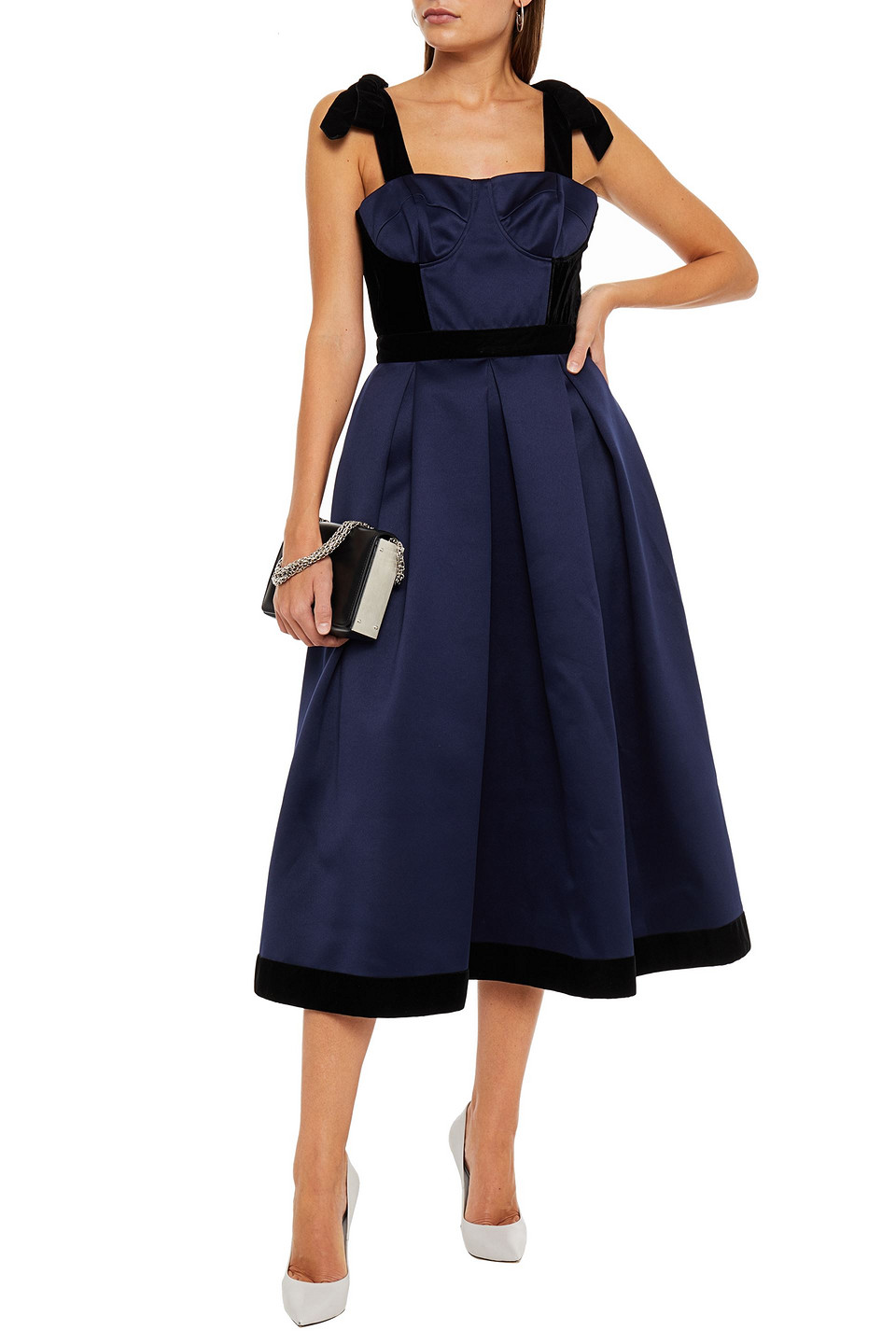 Huishan Zhang Victoria Bow-embellished Pleated Satin Midi Dress In Blue