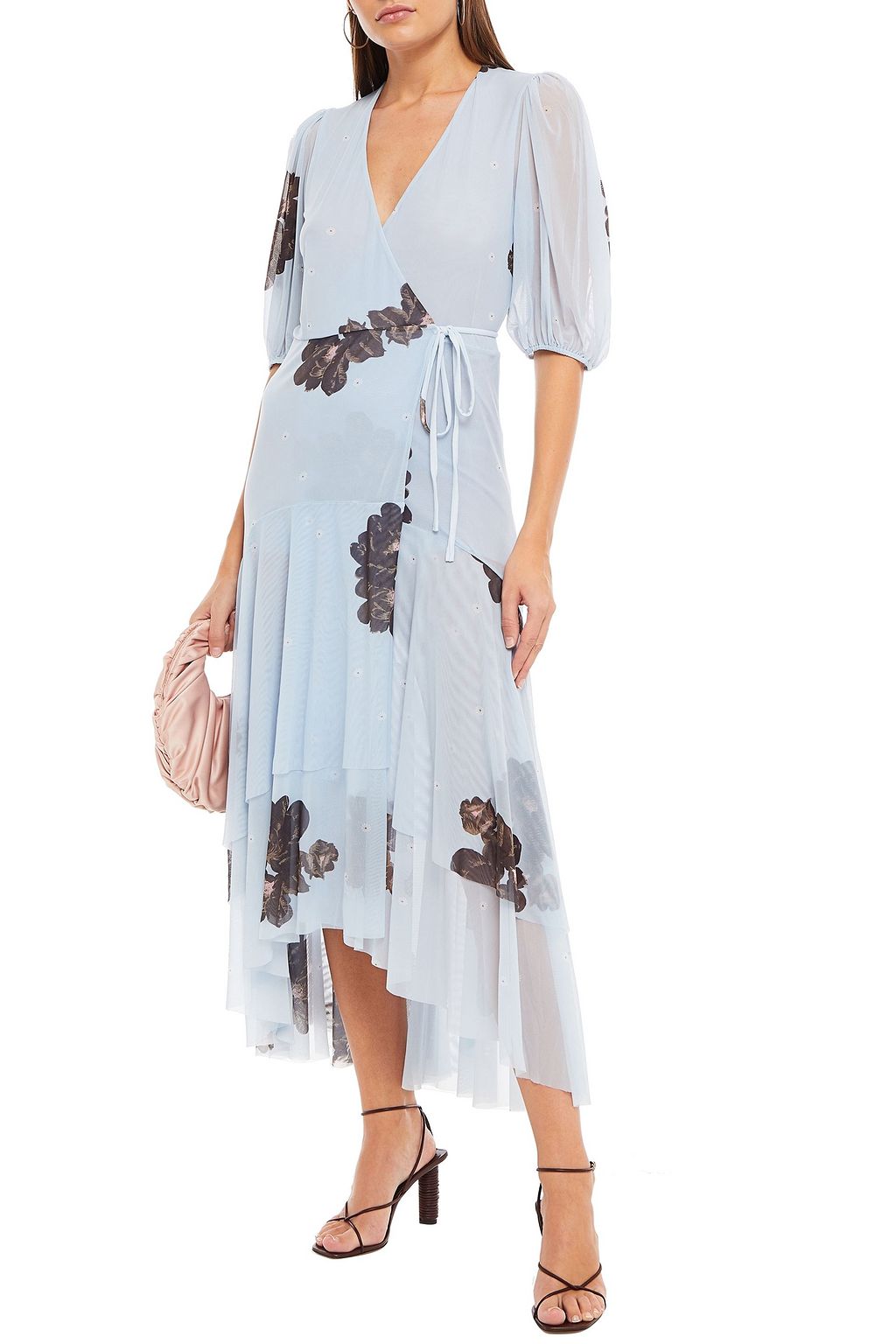 GANNI Tiered floral-print stretch-mesh midi wrap dress
