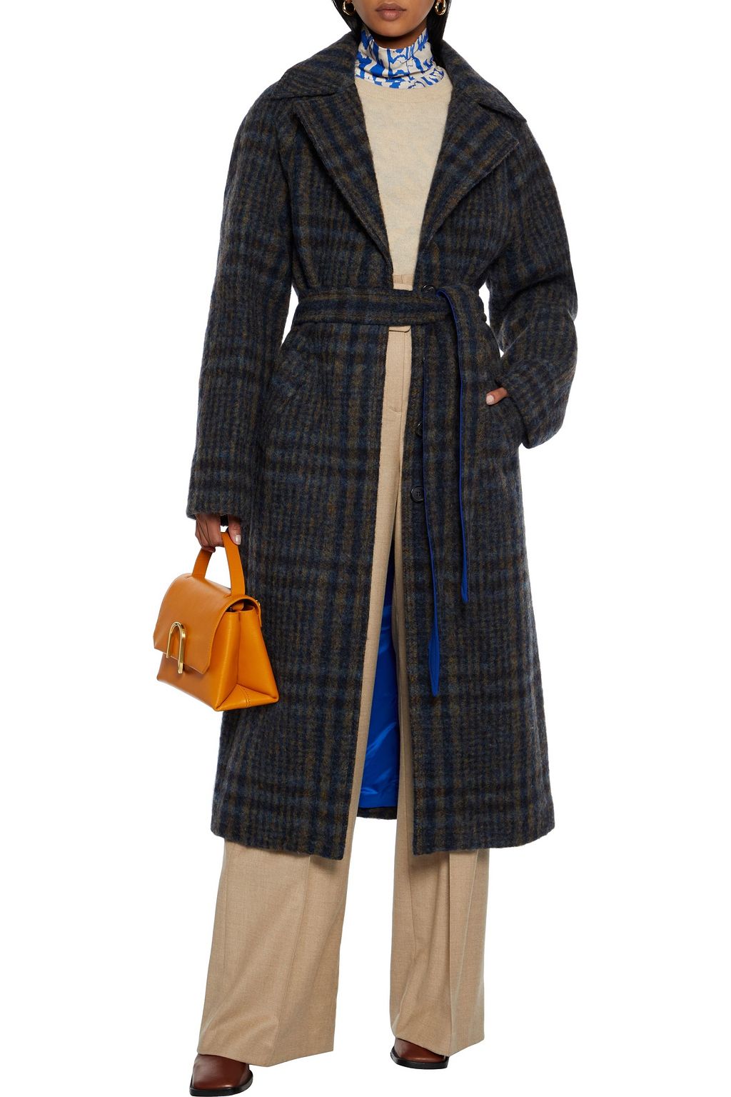 VICTORIA, VICTORIA BECKHAM Belted Prince of Wales checked brushed-felt coat