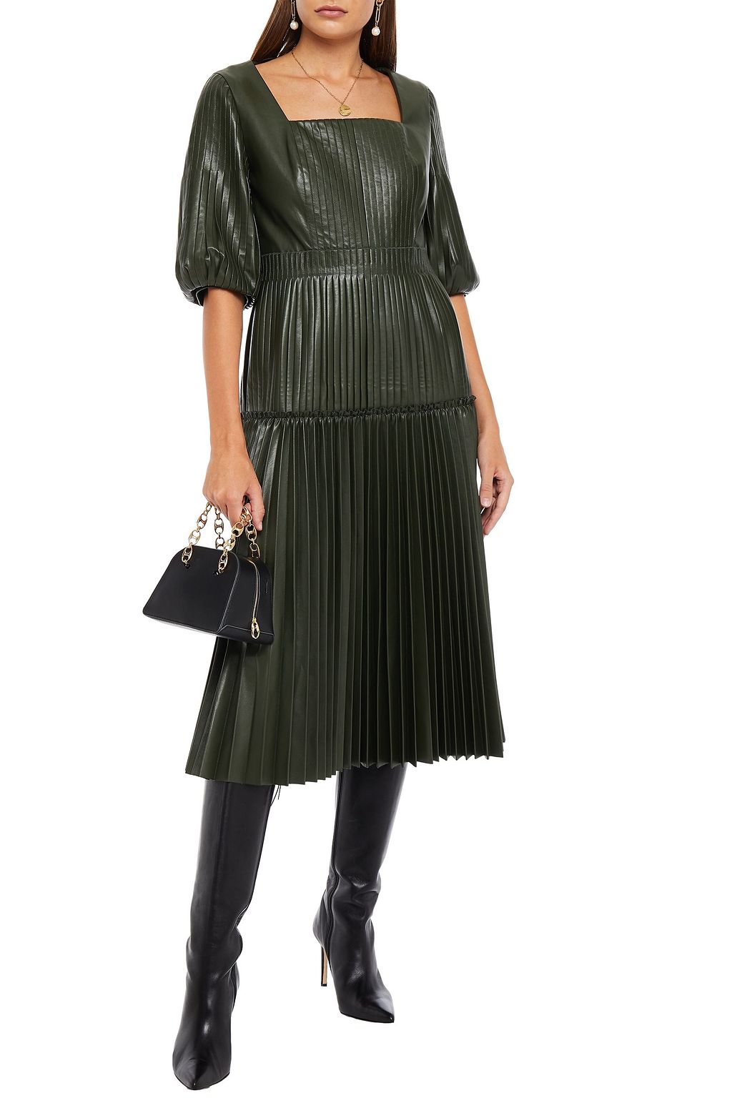 HUISHAN ZHANG Pleated faux leather midi dress