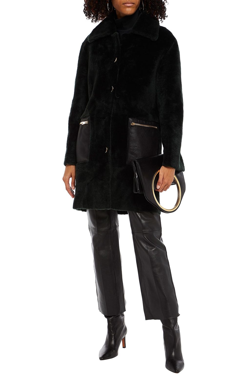 SANDRO Leather-trimmed shearling coat