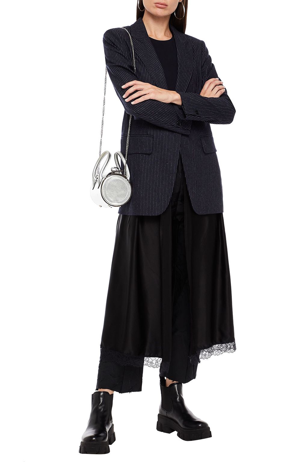 MM6 MAISON MARGIELA Layered lace-trimmed satin and pinstriped wool blazer