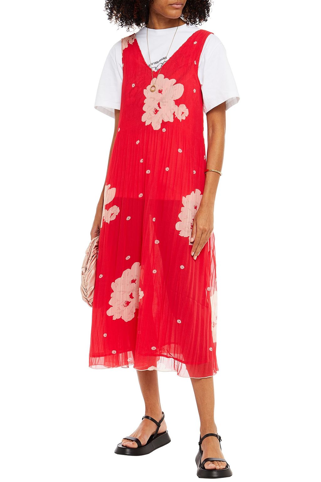 GANNI Polka-dot plissé-georgette midi dress