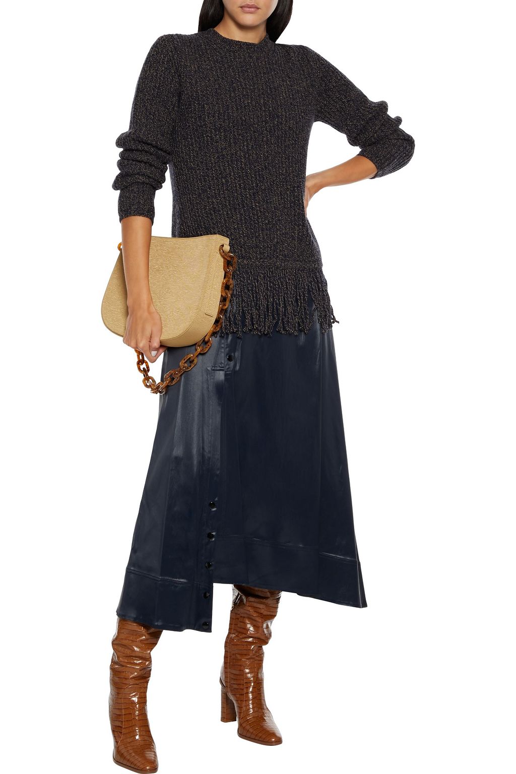 MAX MARA Femme fringed marled ribbed wool and cashmere-blend sweater