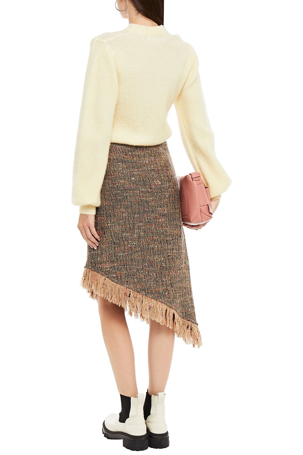 GANNI Asymmetric fringed donegal wool-blend tweed skirt
