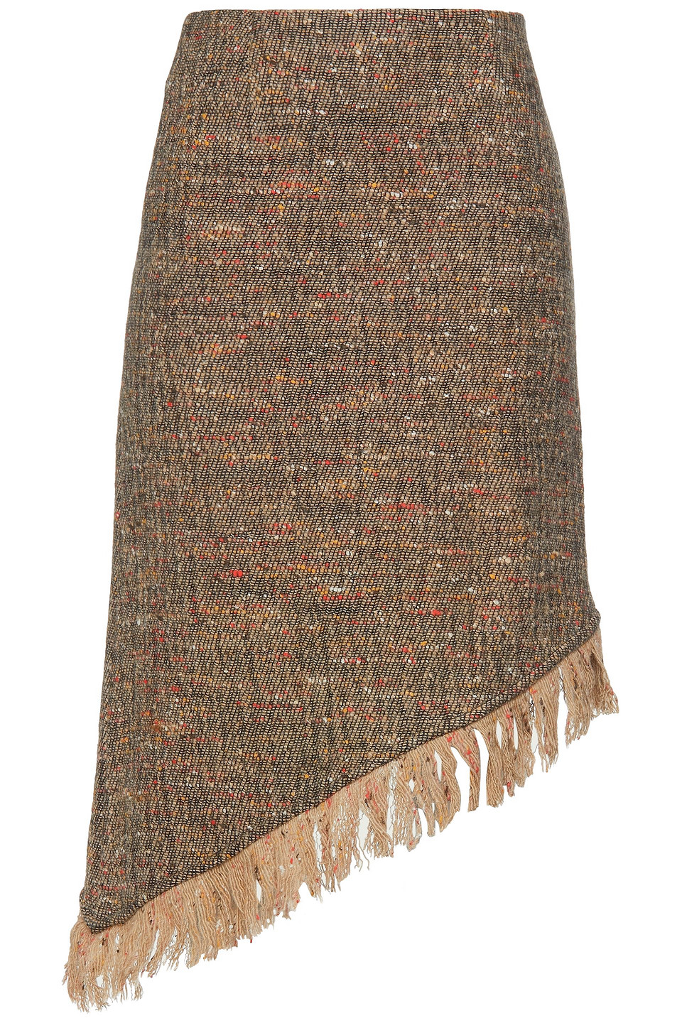 ganni - asymmetric fringed donegal wool-blend tweed skirt - brown - eu 36