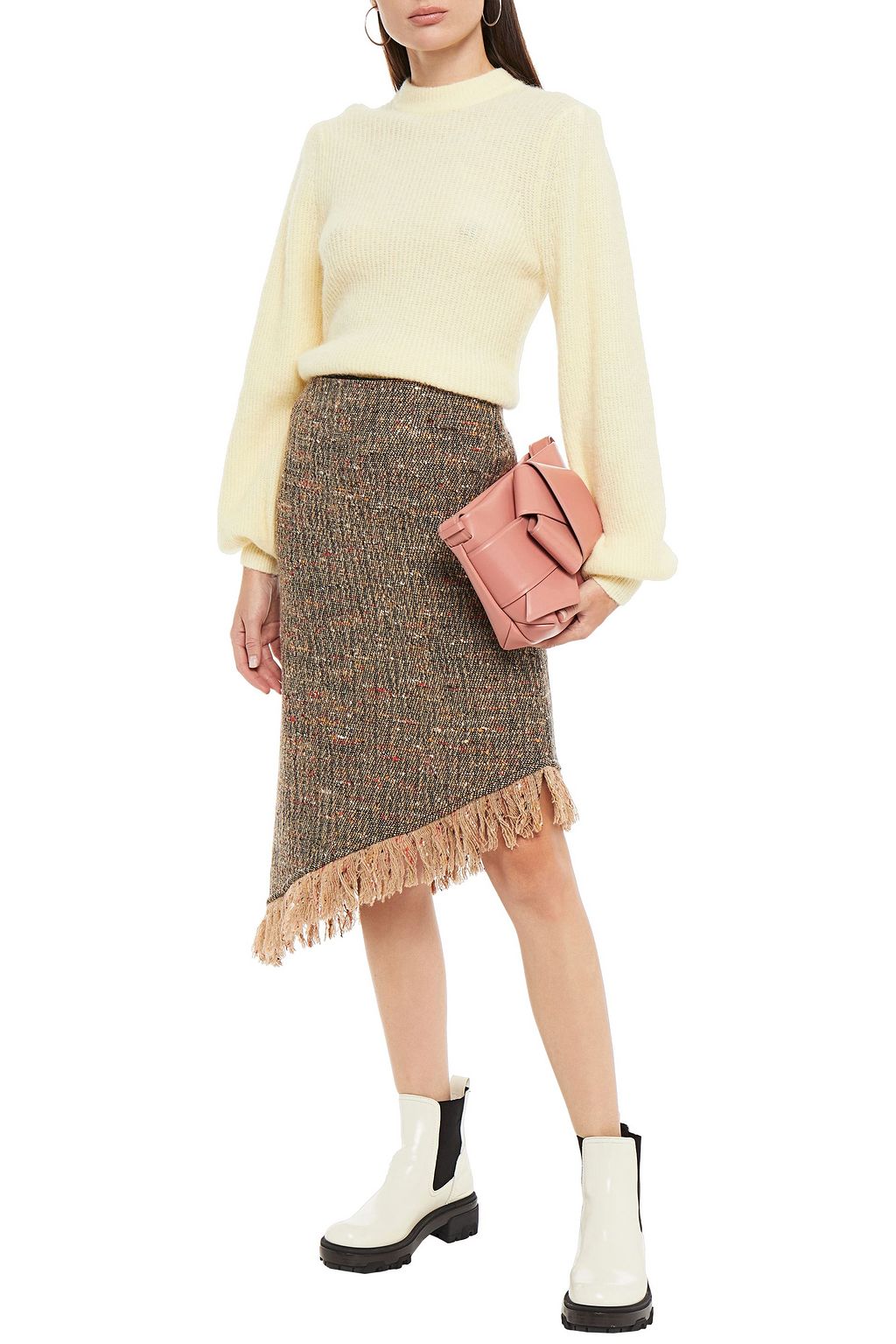 GANNI Asymmetric fringed donegal wool-blend tweed skirt