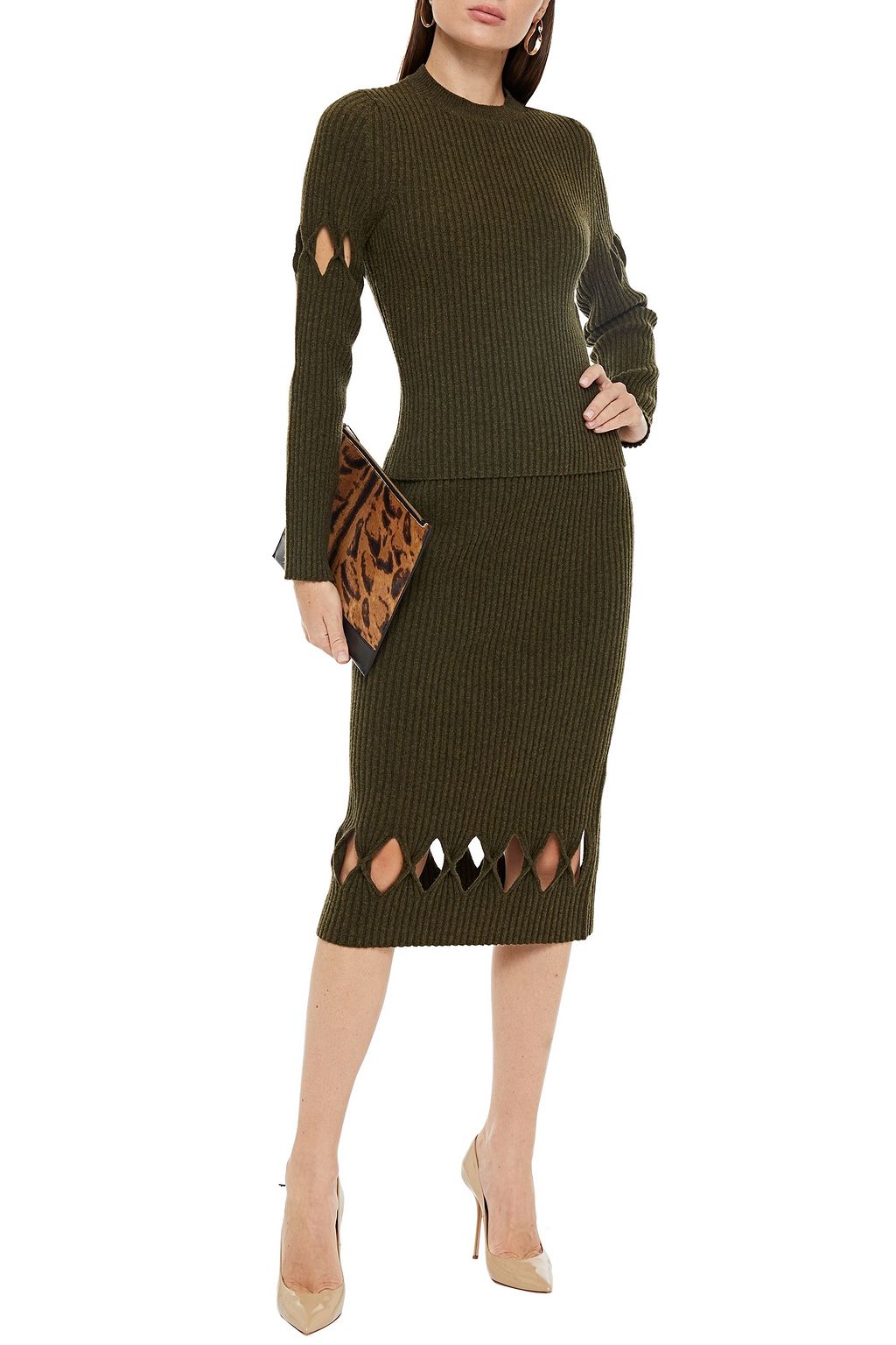 VICTORIA BECKHAM Cutout ribbed wool-blend midi skirt