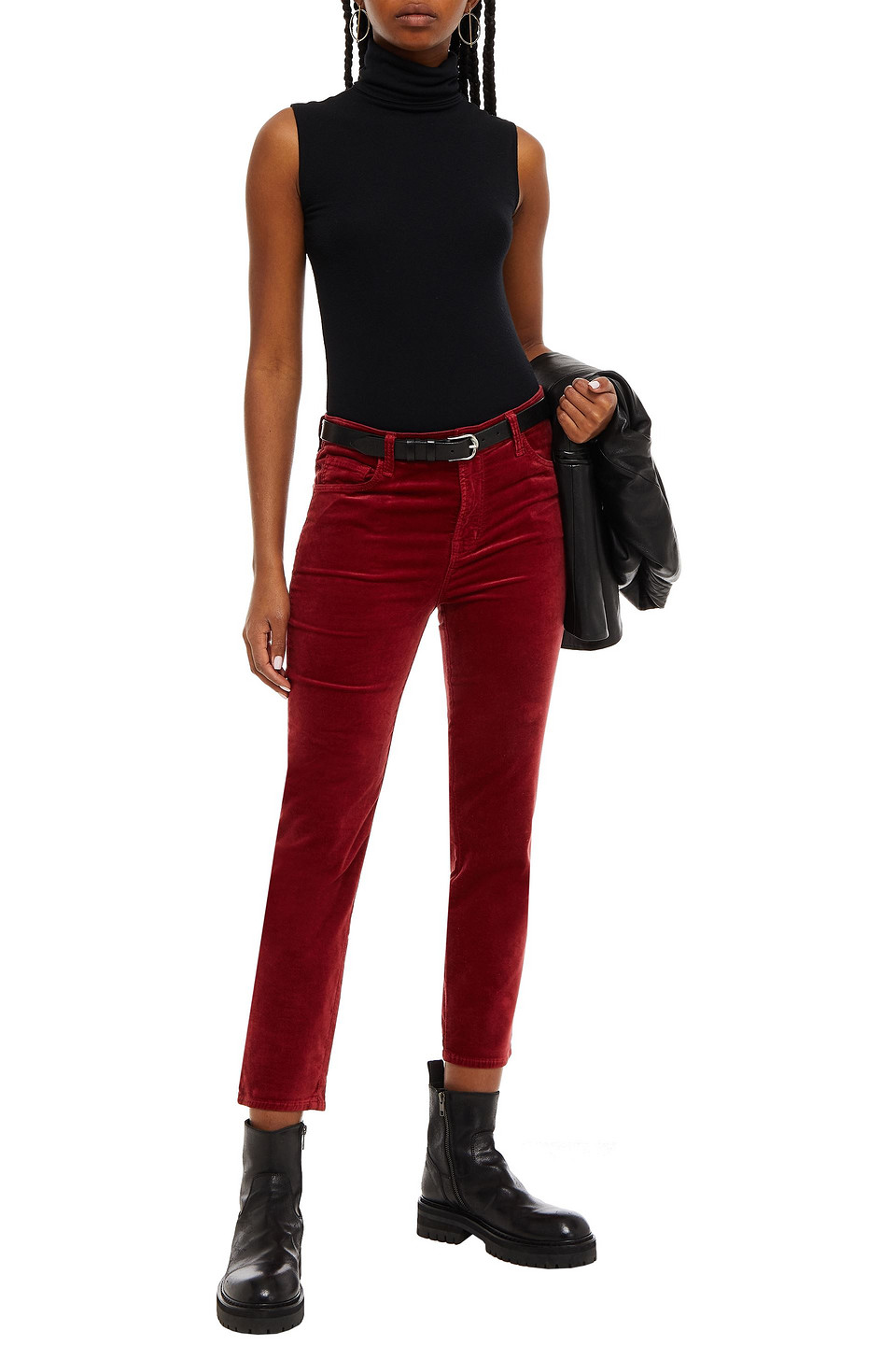 J Brand Ruby Cropped Cotton-blend Velvet Slim-leg Trousers In Brick