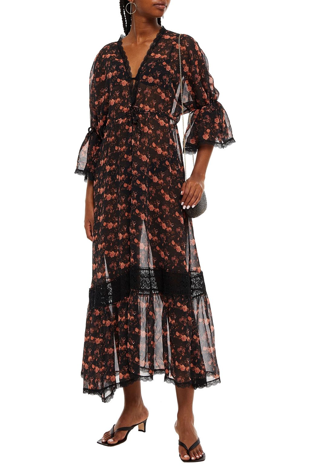 CHARO RUIZ IBIZA Crocheted lace-trimmed floral-print crepon kimono