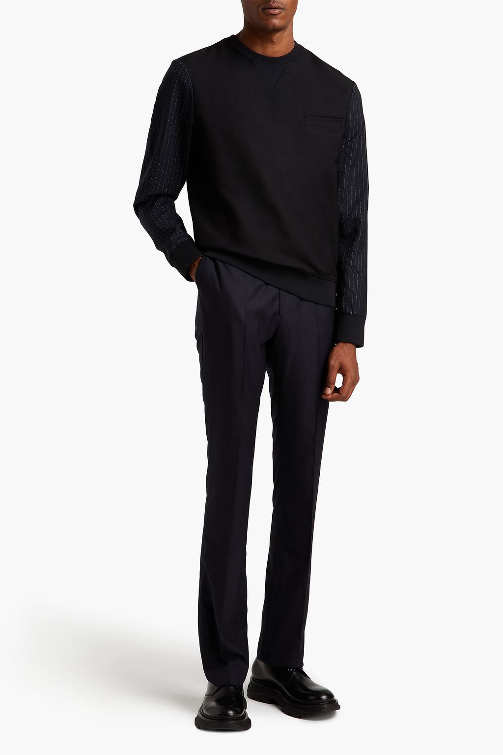 MCQUEEN Paneled metallic striped poplin and jersey sweatshirt