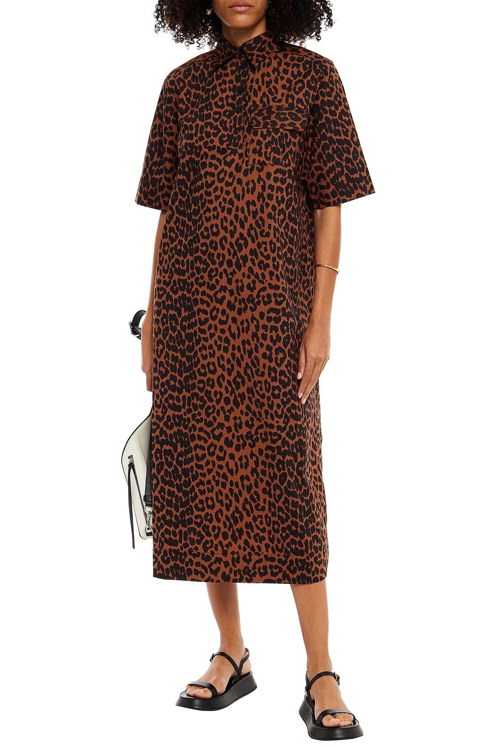 GANNI Leopard-print organic cotton-poplin midi shirt dress