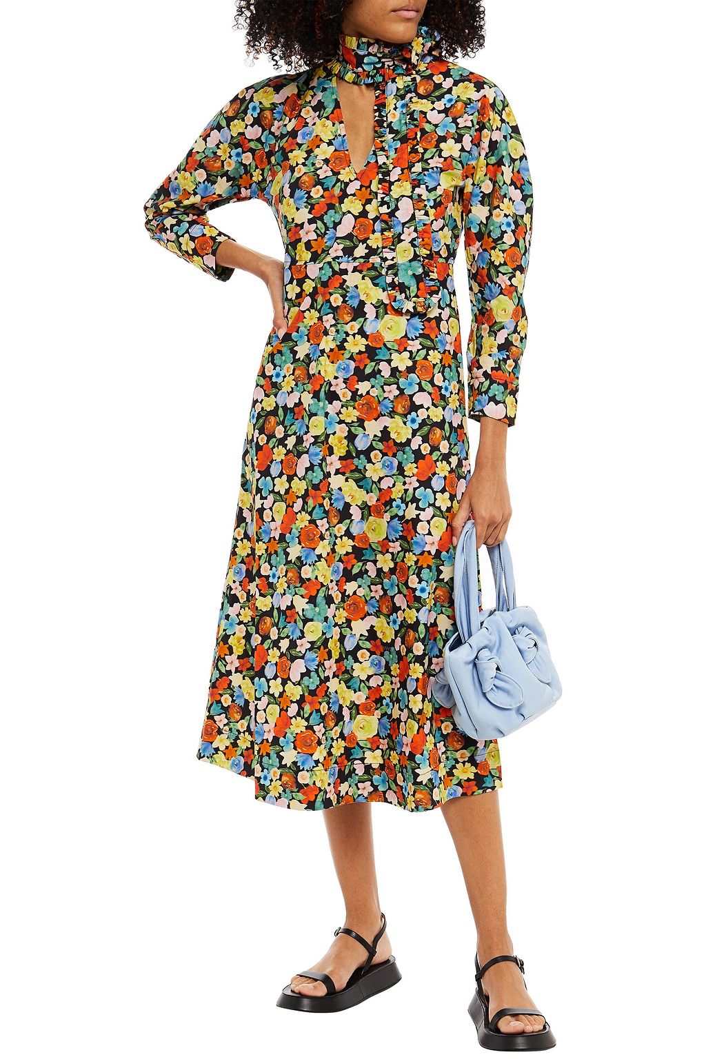 GANNI Knotted cutout houndstooth cotton-poplin midi dress
