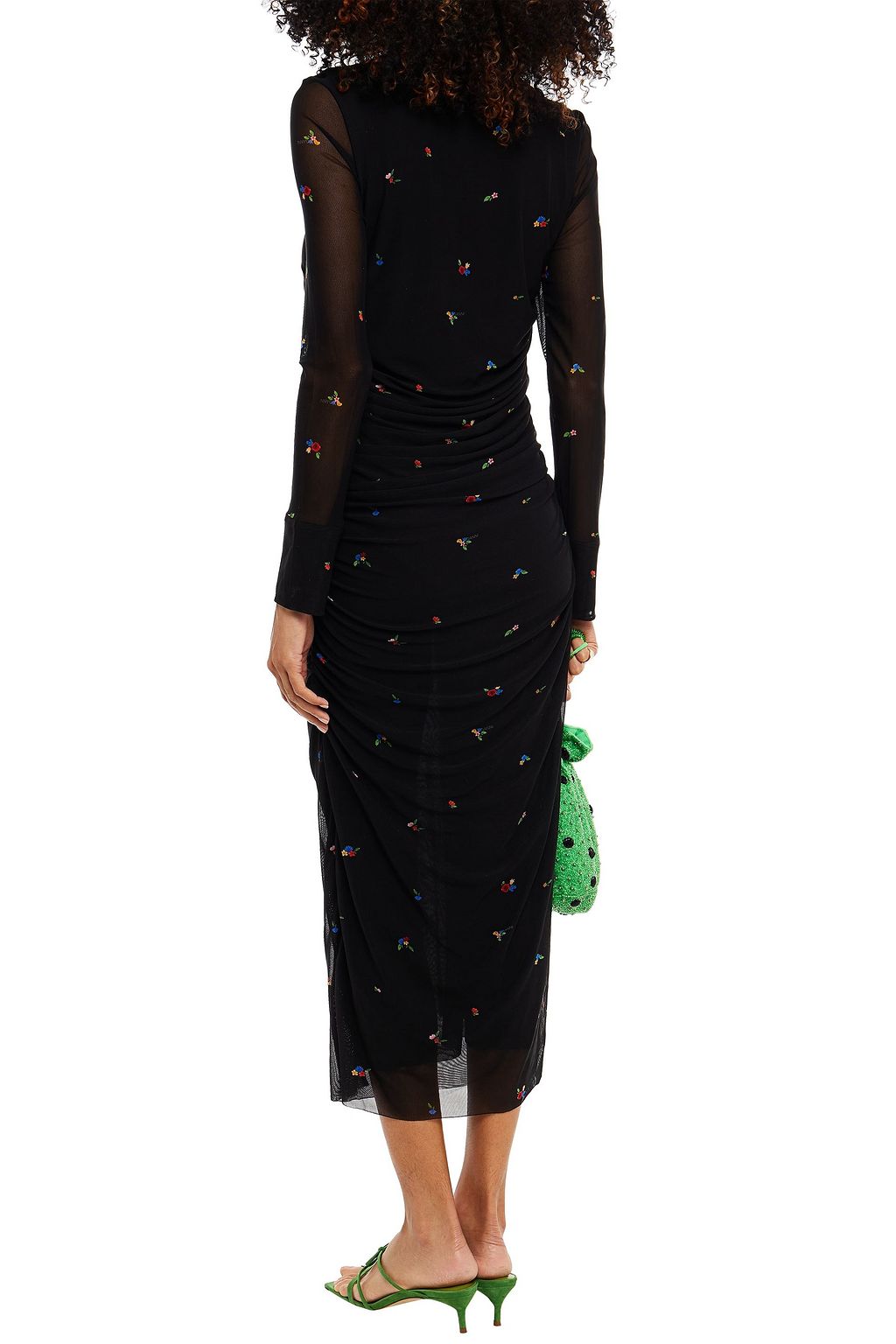GANNI Ruched floral-print mesh midi dress