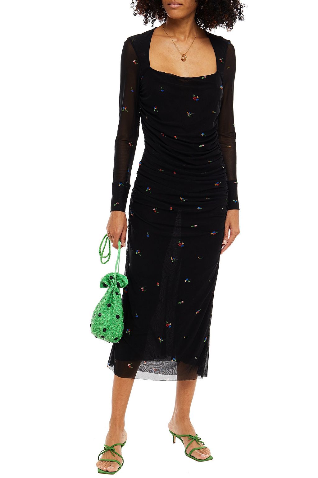 GANNI Ruched floral-print mesh midi dress