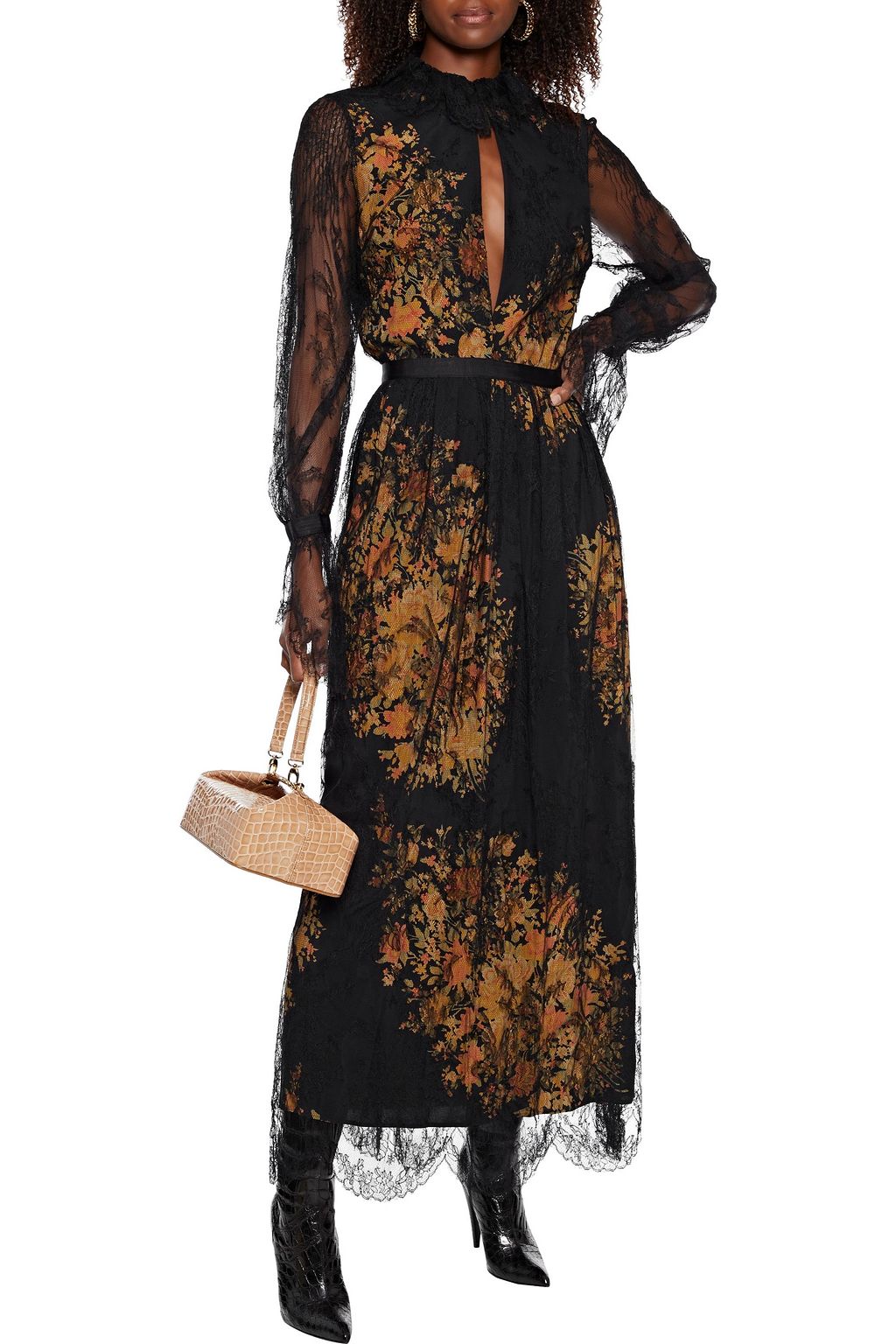 ETRO Layered Chantilly lace and printed silk crepe de chine maxi dress