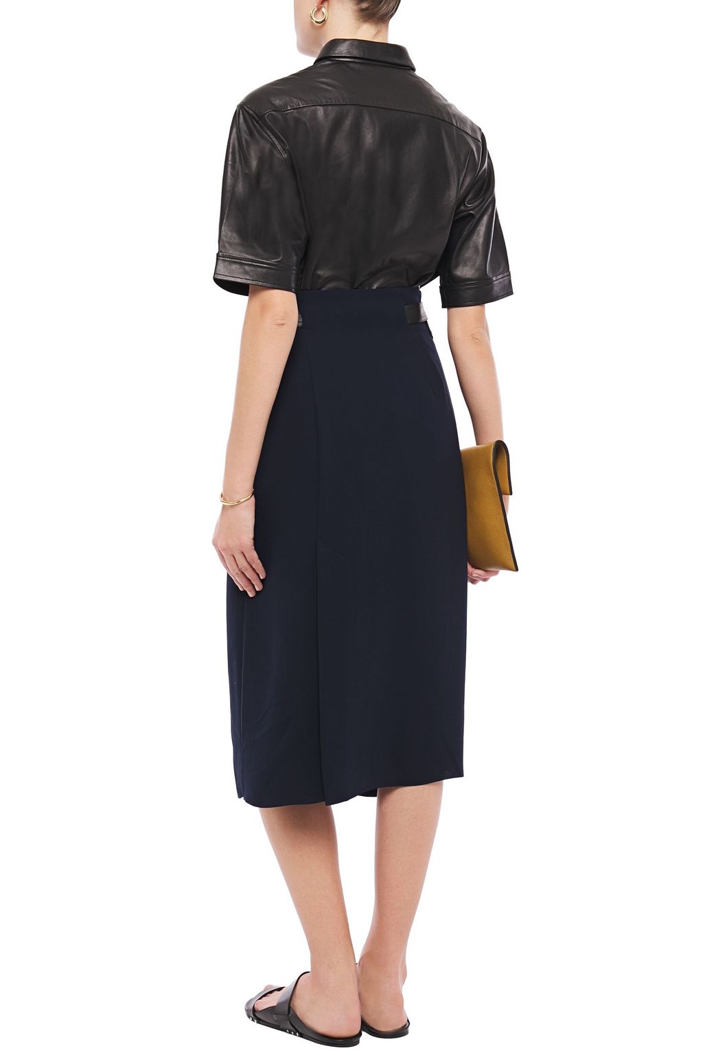 VINCE. Faux leather-trimmed wrap-effect crepe midi skirt
