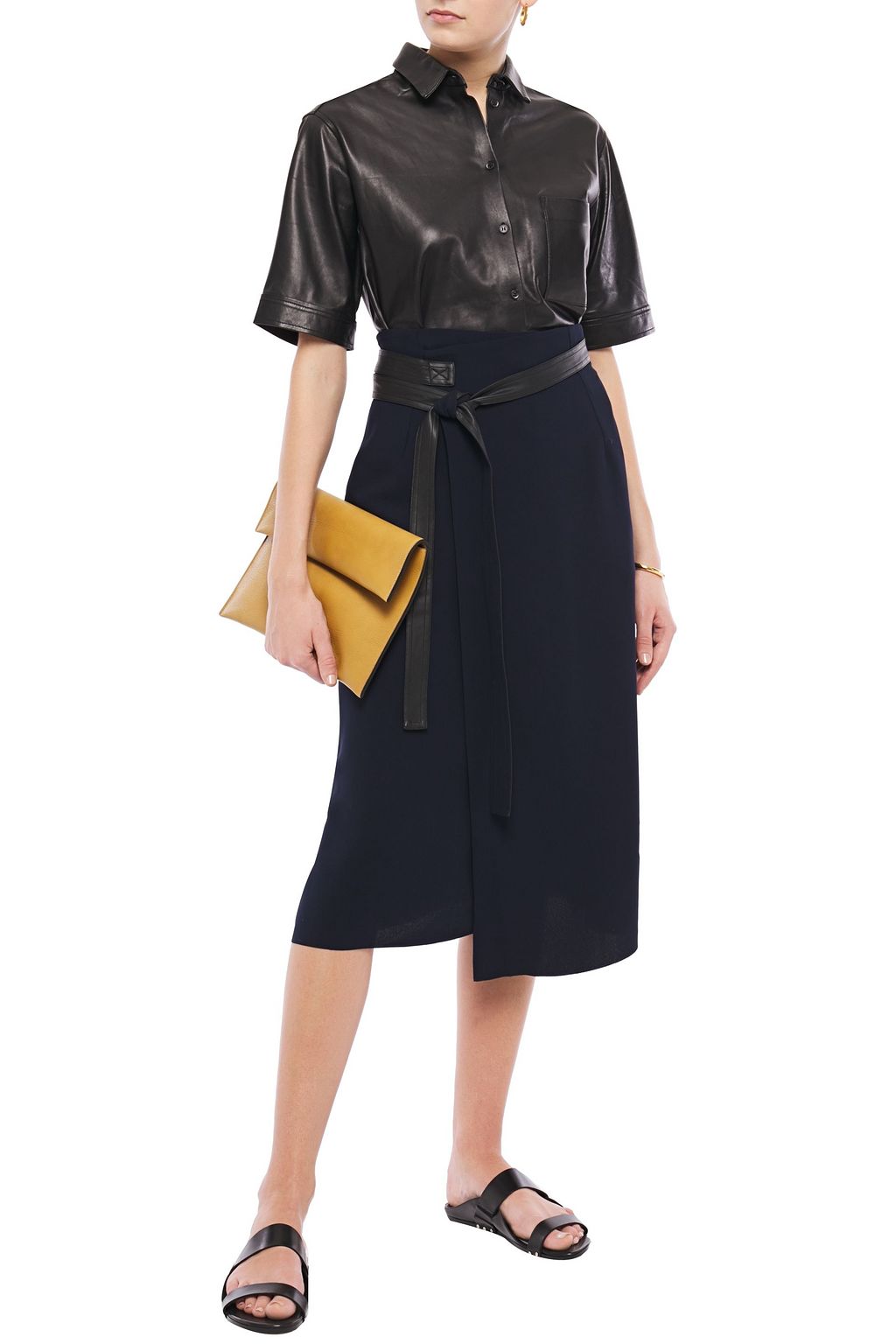 VINCE. Faux leather-trimmed wrap-effect crepe midi skirt