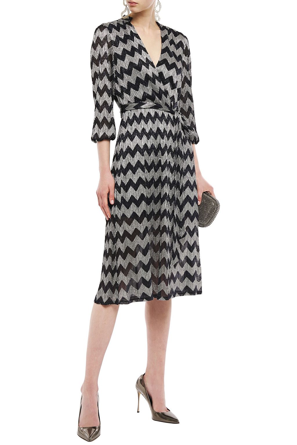 ALICE + OLIVIA Katina wrap-effect metallic printed tulle midi dress