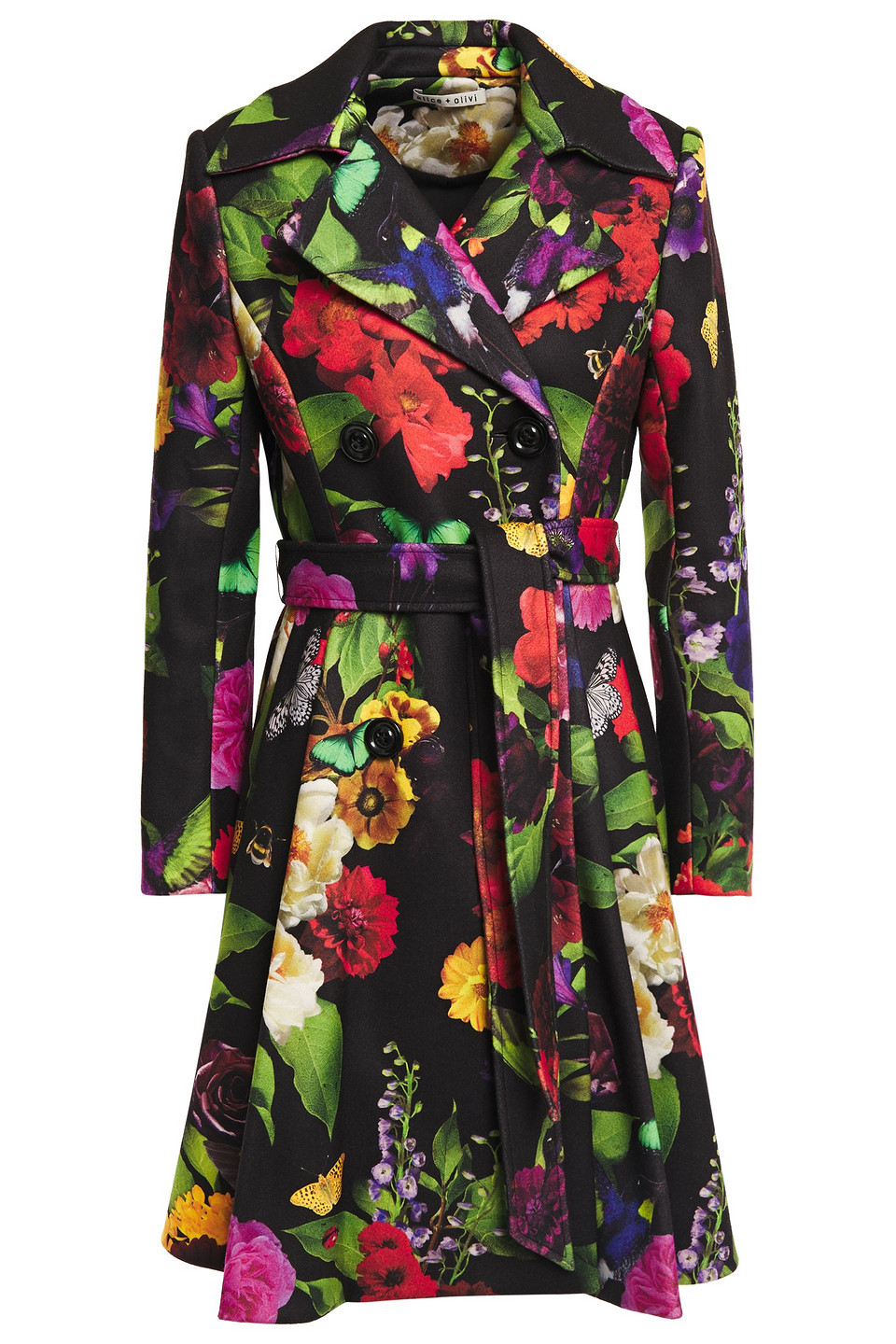 Alice + Olivia Woman Leila Pleated Floral-print Felt Coat Black Size S