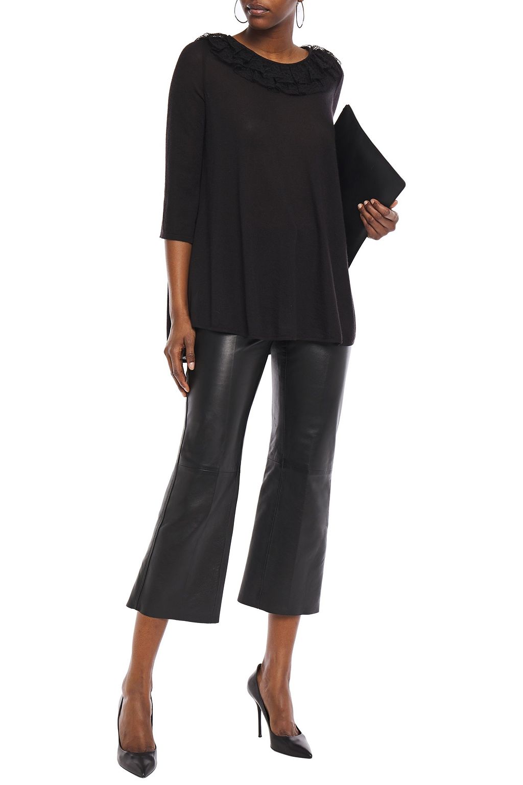 GIAMBATTISTA VALLI Lace-trimmed ruffled cashmere and silk-blend sweater