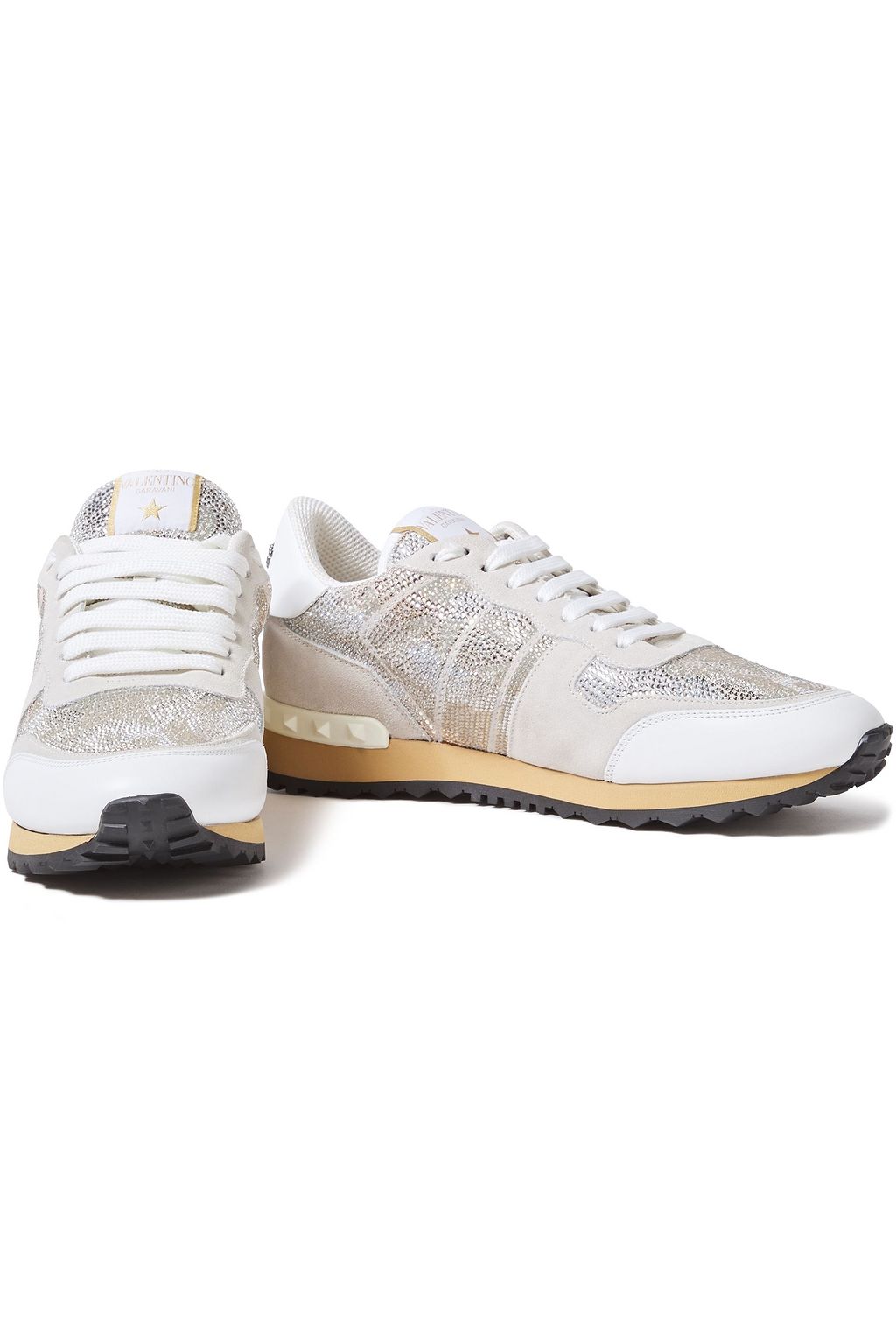 VALENTINO GARAVANI Crystal-embellished leather-trimmed suede sneakers