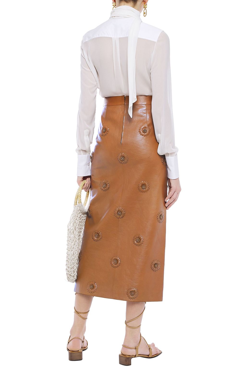 VALENTINO GARAVANI Floral-appliquéd leather midi skirt