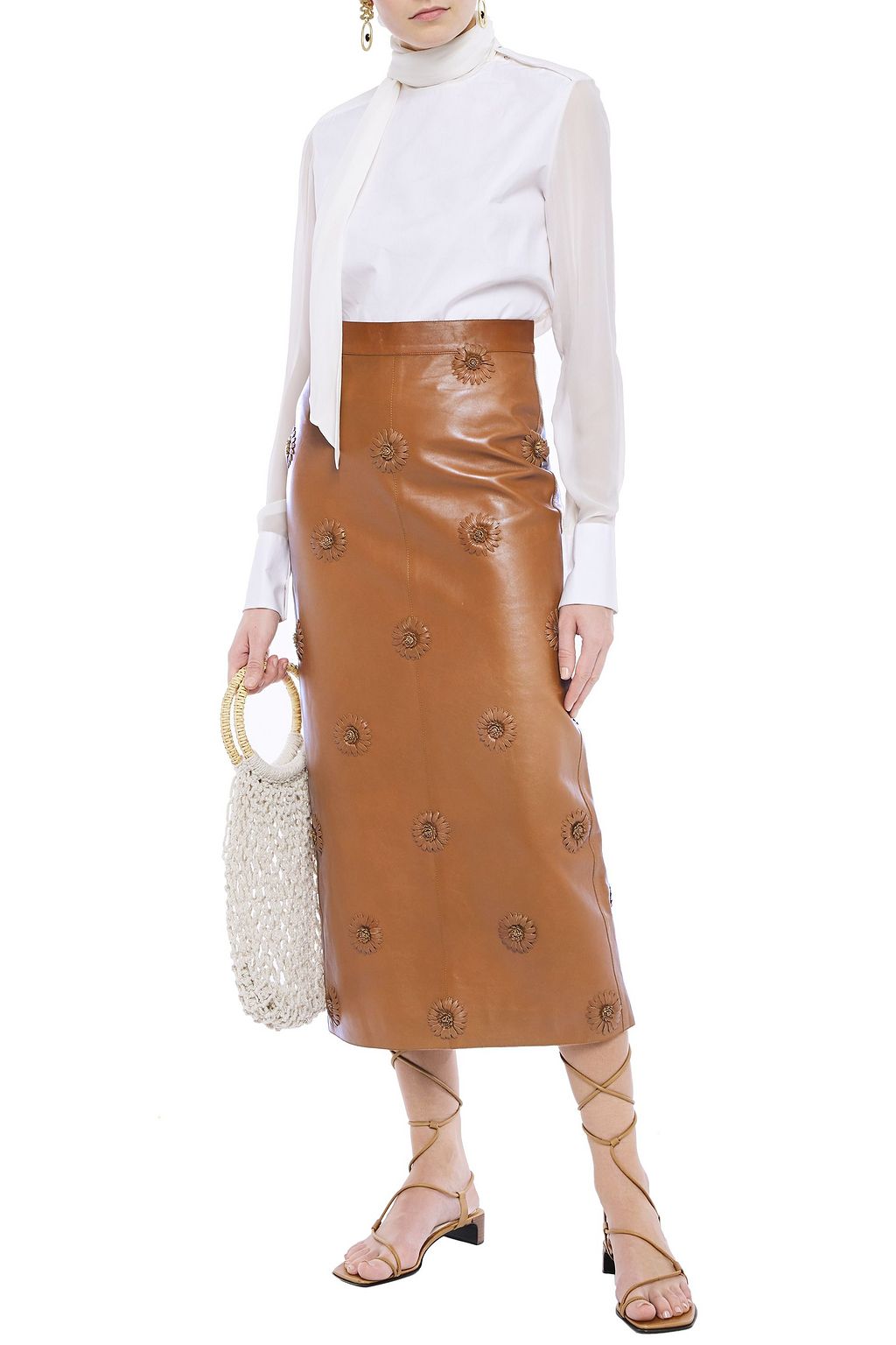 VALENTINO GARAVANI Floral-appliquéd leather midi skirt