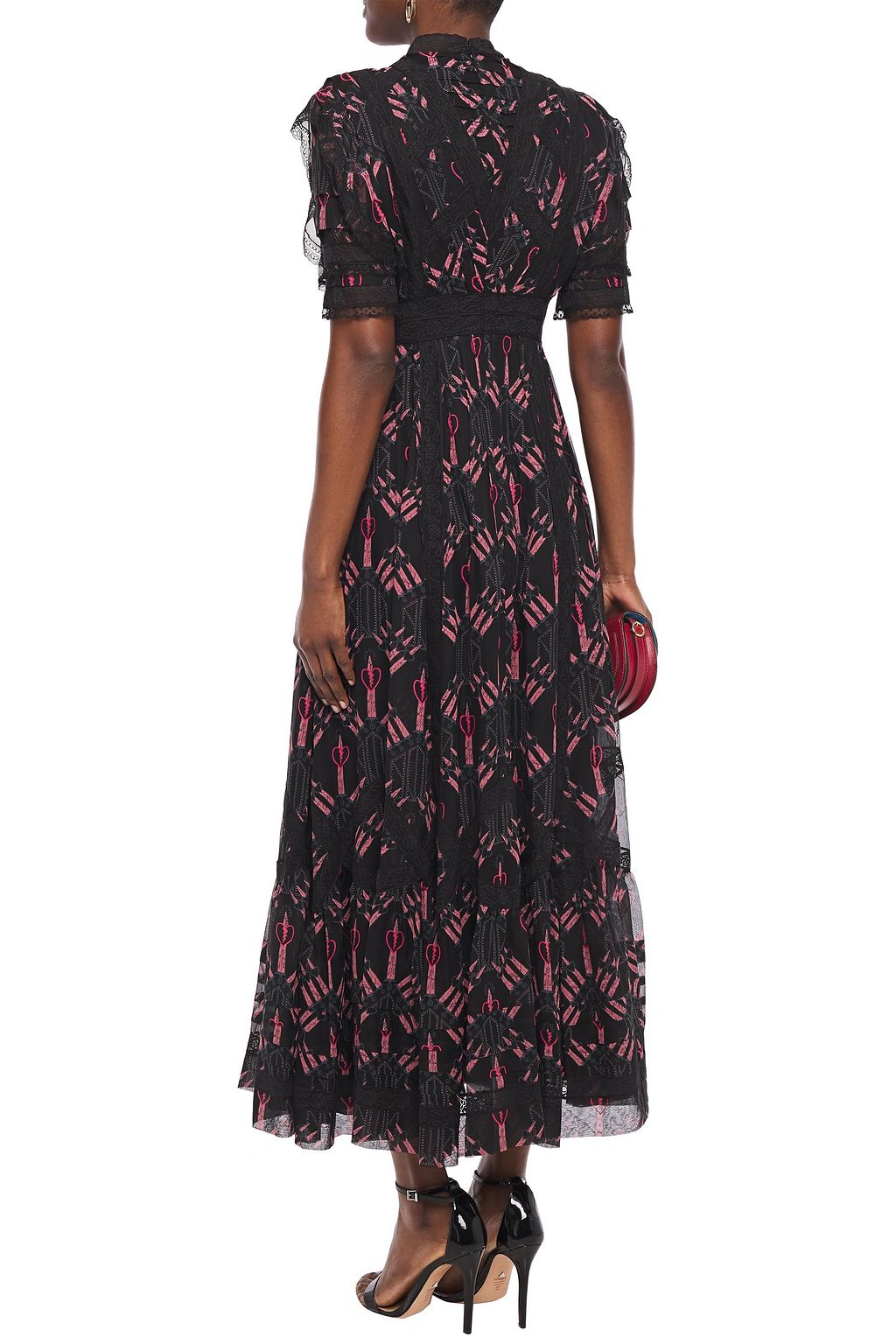 VALENTINO GARAVANI Lace-trimmed printed silk-chiffon midi dress