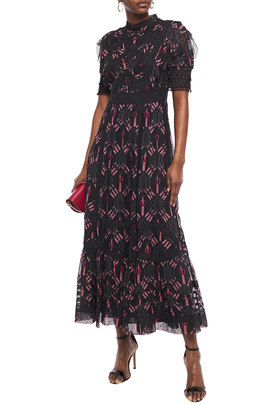 VALENTINO GARAVANI Lace-trimmed printed silk-chiffon midi dress