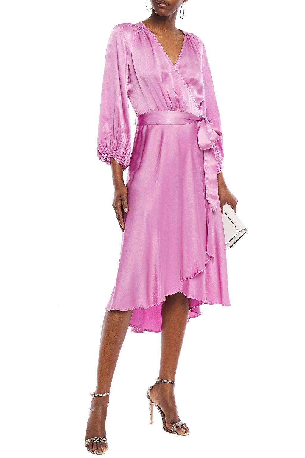 GHOST LONDON Wrap-effect gathered satin-crepe midi dress