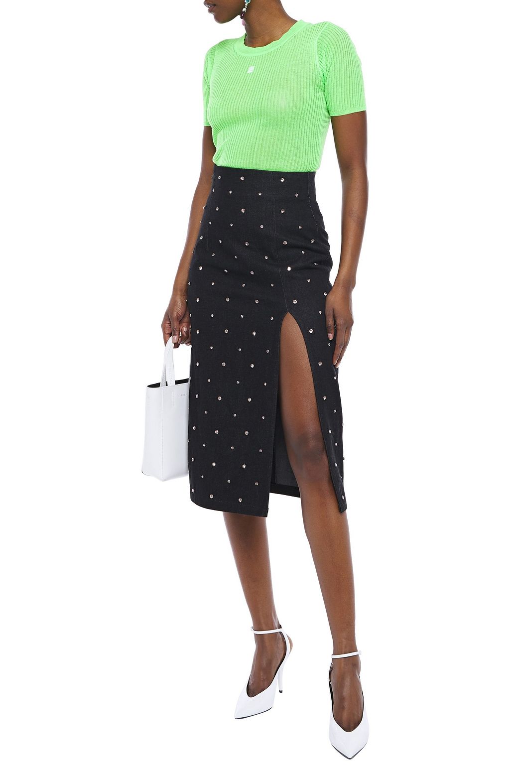 16ARLINGTON Crystal-embellished denim midi skirt