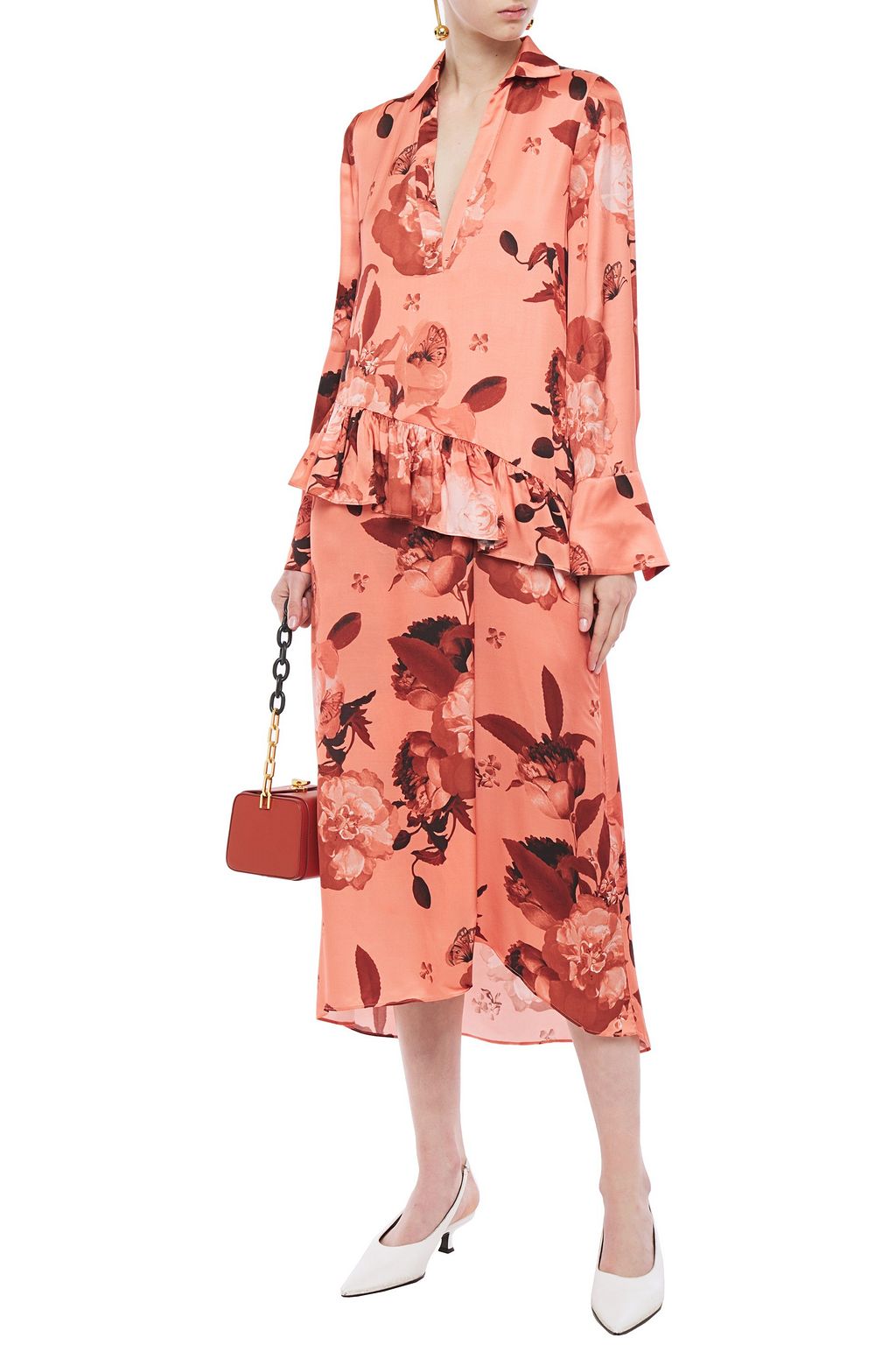 MOTHER OF PEARL Alba floral-print satin peplum midi dress