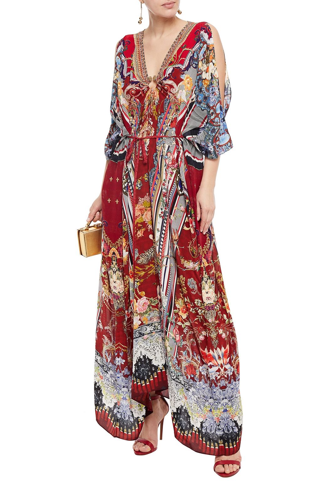 CAMILLA Tie-front embellished printed silk crepe de chine kaftan
