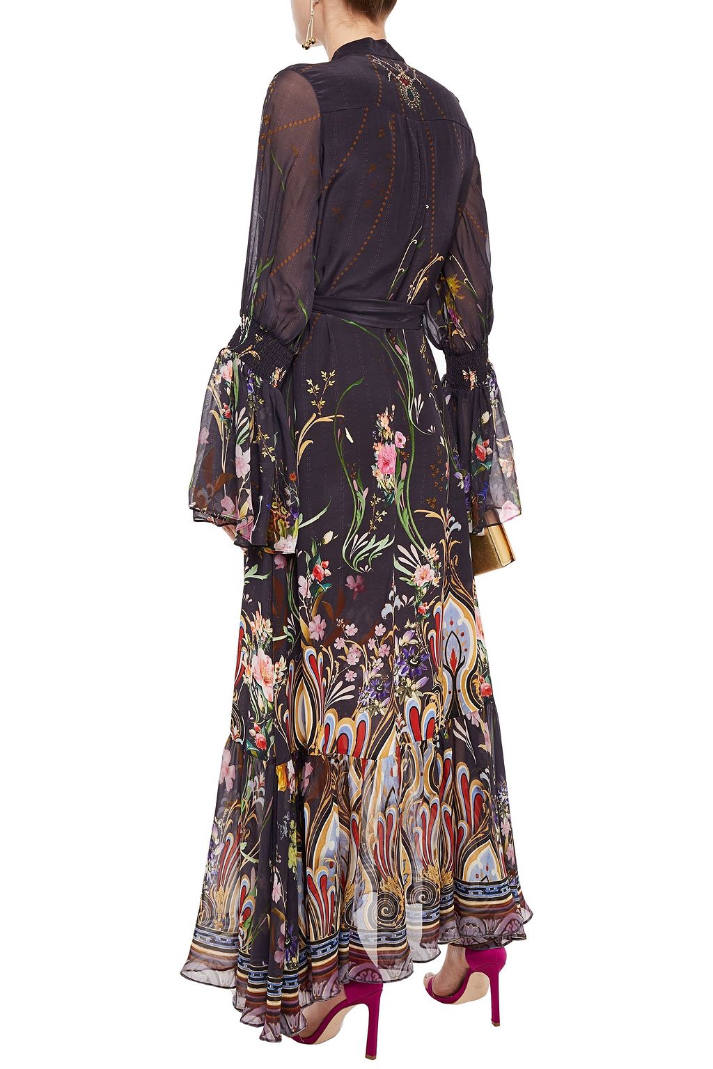 CAMILLA Wild Flower pussy-bow printed silk crepe de chine maxi dress