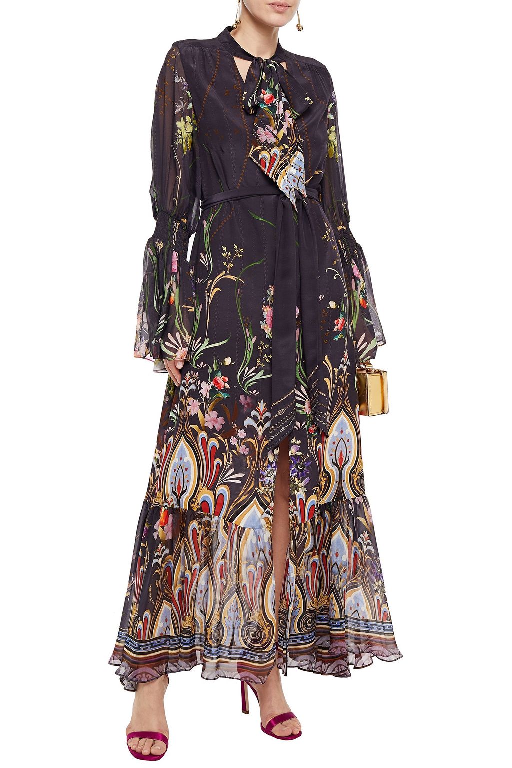 CAMILLA Wild Flower pussy-bow printed silk crepe de chine maxi dress