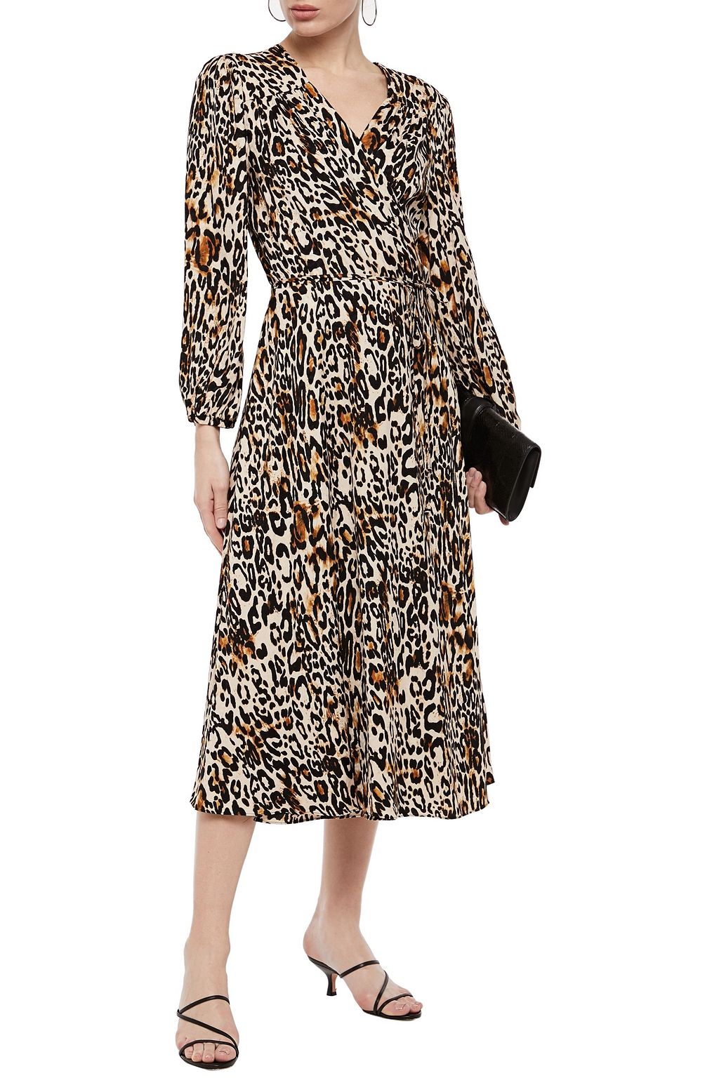 MILLY Gathered leopard-jacquard midi wrap dress