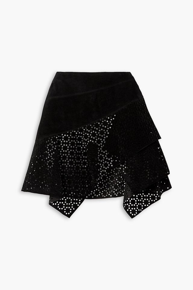 Asymmetric draped laser-cut suede mini skirt